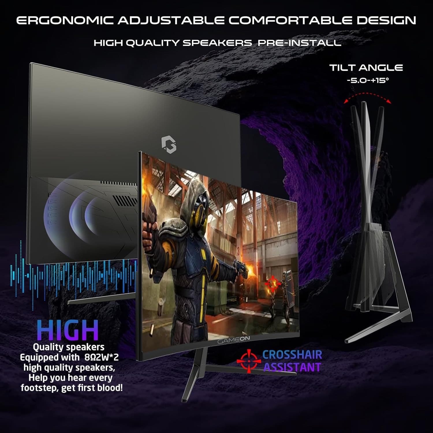 GAMEON GOC27F120VA Pro Series Curved Gaming Monitor 27 inch, 1920x1080p FHD VA Panel, 120Hz, 1ms, HDMI 2.1, Freesync, Crosshair assistant, Built-in Speakers, Supports PS5, VRR - 7