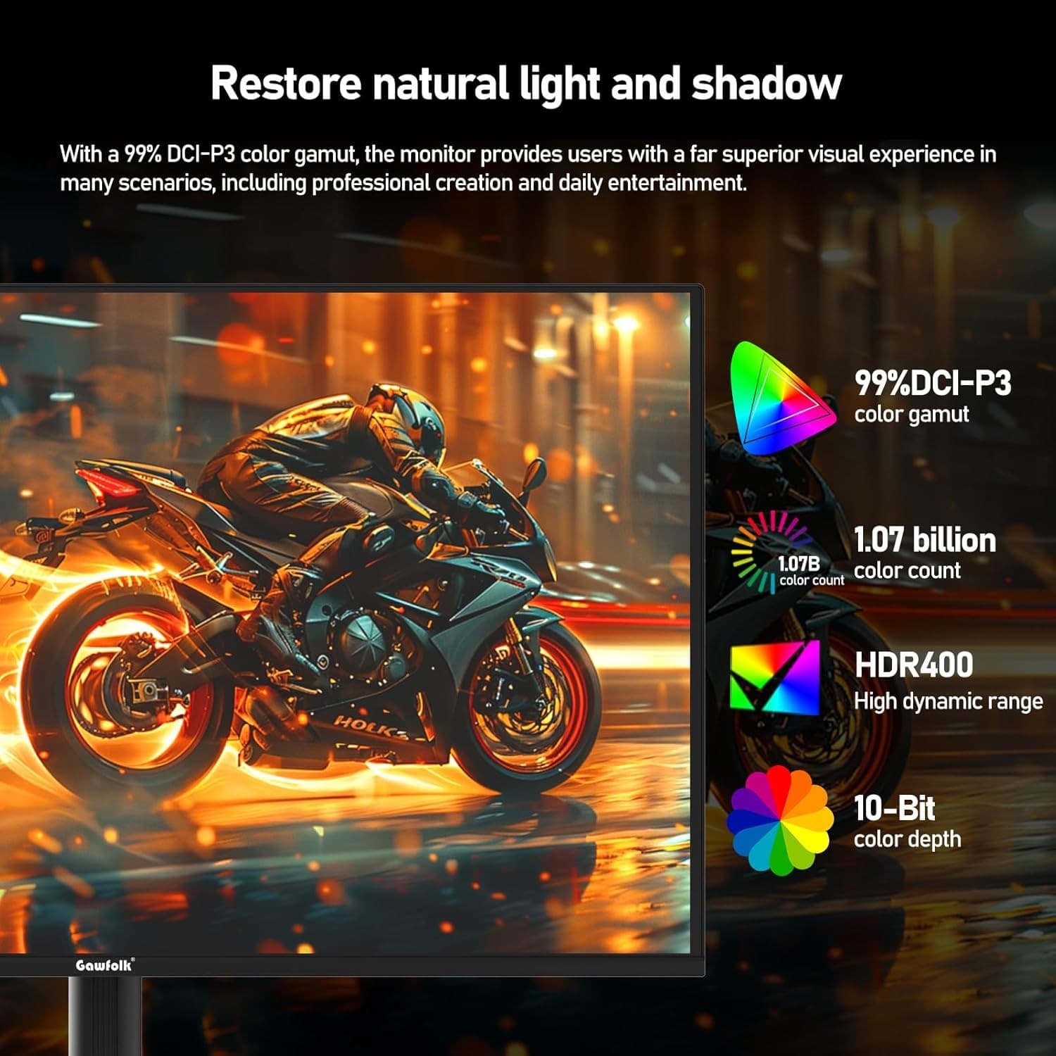 Gawfolk 32 Inch QD-OLED Gaming Monitor UHD 165Hz 0.03ms(GTG) 99% DCI-P3 FreeSync HDR400 1.5M:1Contrast Ratio VESA RGB atmosphere light With Tilt/Height/Swivel Adjustable Stand (Black) - 3