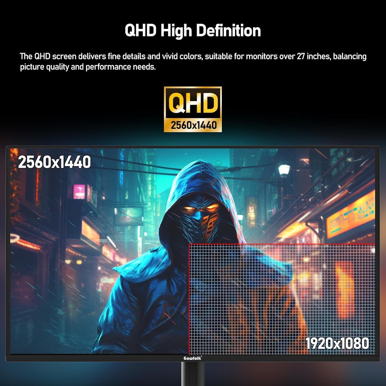 Gawfolk 27 Inch QD-OLED Gaming Monitor QHD 240Hz 0.03ms(GTG) 99% DCI-P3 FreeSync HDR400 1.5M:1Contrast Ratio VESA RGB atmosphere light With Tilt/Height/Swivel Adjustable Stand (Black) - 5