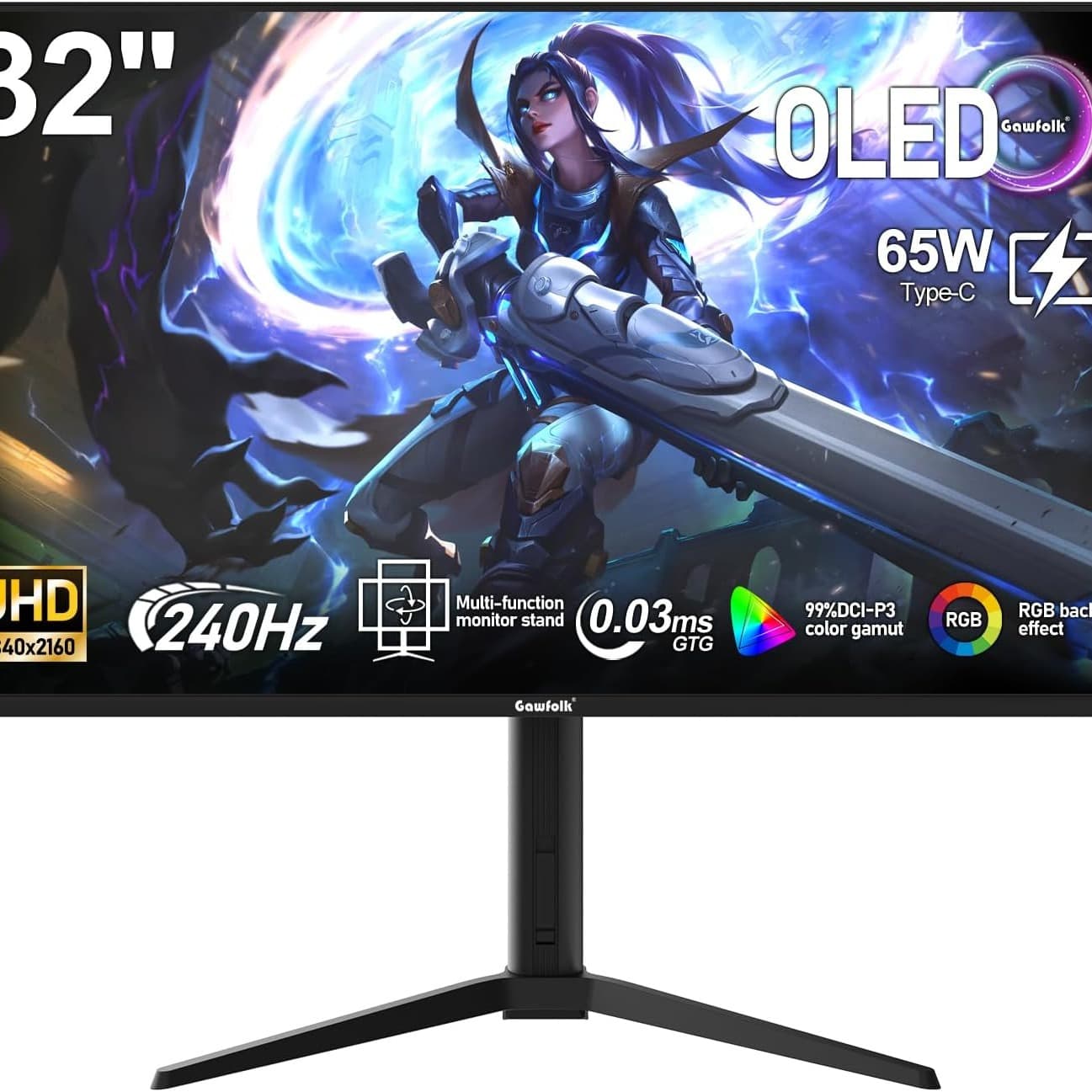 Gawfolk 32 Inch QD-OLED Gaming Monitor UHD 240Hz 0.03ms(GTG) PIP/PBP 99% DCI-P3 Type-c(65W) KVM FreeSync HDR400 HUB3.0 1.5M:1Contrast Ratio VESA RGB With Tilt/Height/Swivel Adjustable Stand (Black) - 1