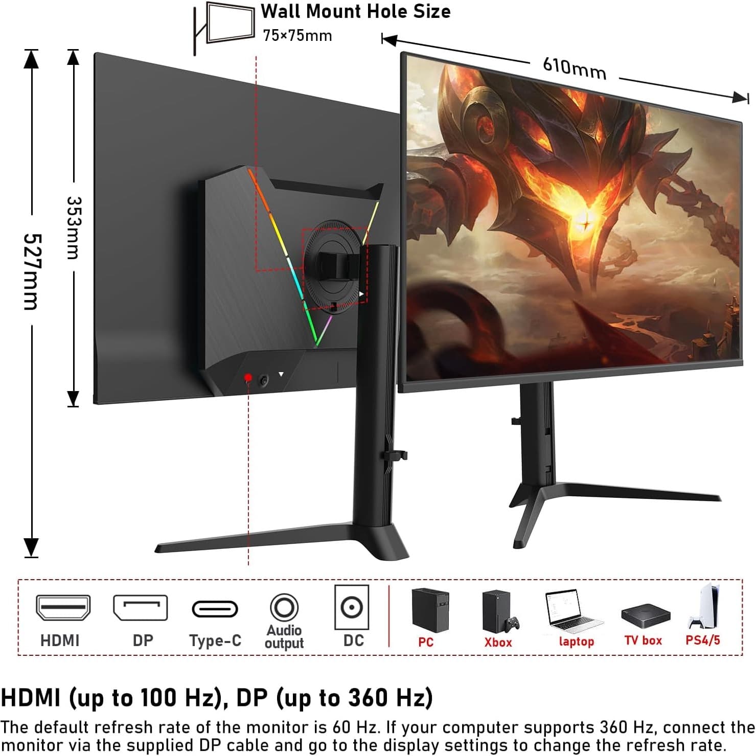 Gawfolk 27 Inch QD-OLED Gaming Monitor QHD 360Hz 0.03ms(GTG) PIP/PBP 99% DCI-P3 Type-c(65W) KVM FreeSync HDR400 HUB3.0 1.5M:1Contrast Ratio VESA RGB With Tilt/Height/Swivel Adjustable Stand (Black) - 5