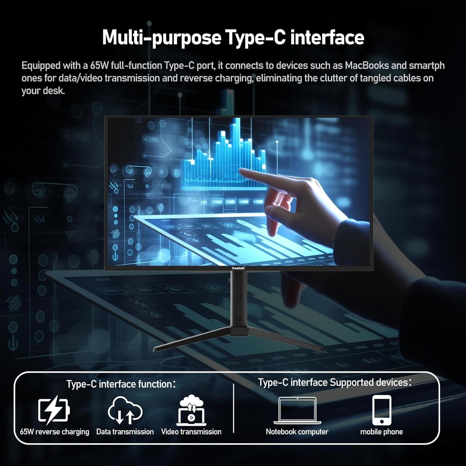 Gawfolk 32 Inch QD-OLED Gaming Monitor UHD 165Hz 0.03ms(GTG) PIP/PBP 99% DCI-P3 Type-c(65W) KVM FreeSync HDR400 HUB3.0 1.5M:1Contrast Ratio VESA RGB With Tilt/Height/Swivel Adjustable Stand (Black) - 4