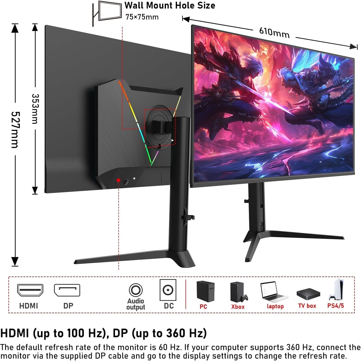Gawfolk 27 Inch QD-OLED Gaming Monitor QHD 360Hz 0.03ms(GTG) PIP/PBP 99% DCI-P3 FreeSync HDR400 1.5M:1Contrast Ratio VESA RGB atmosphere light With Tilt/Height/Swivel Adjustable Stand (Black) - 3