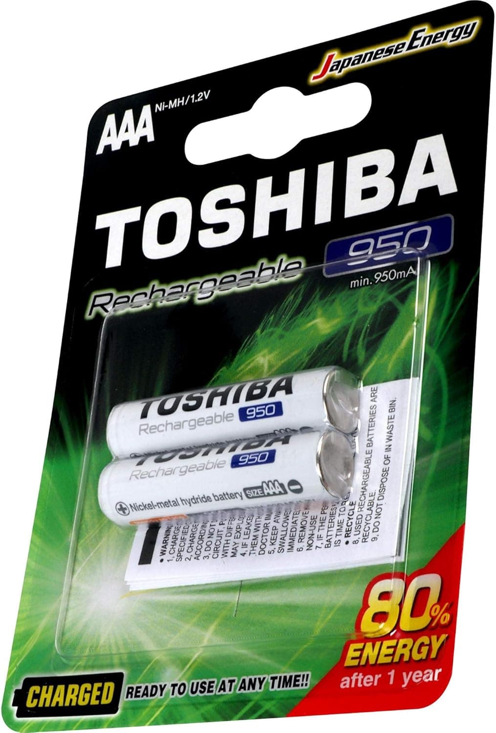 Toshiba 950 mAh BP-2C AAA Ni-MH Rechargeable Battery 2-Pieces, White - 3