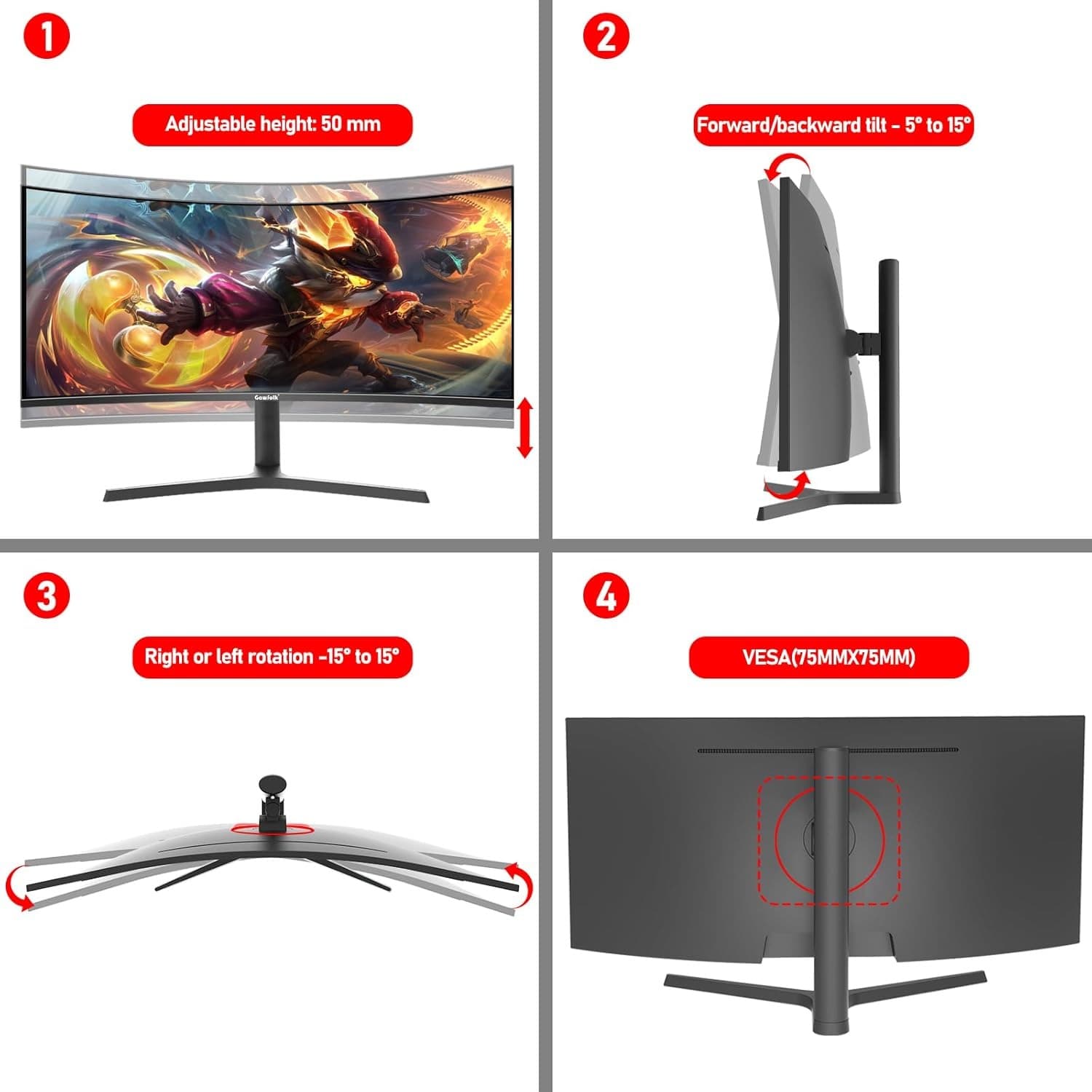 Gawfolk 34 Inch Gaming Monitor UWQHD 165Hz Ultrawide 21:9 Curved 1500R Computer Monitor 3440x1440 1ms(GTG) PBP/PIP FreeSync 99% sRGB HDR With Tilt/Height/Swivel Adjustable VESA - 2