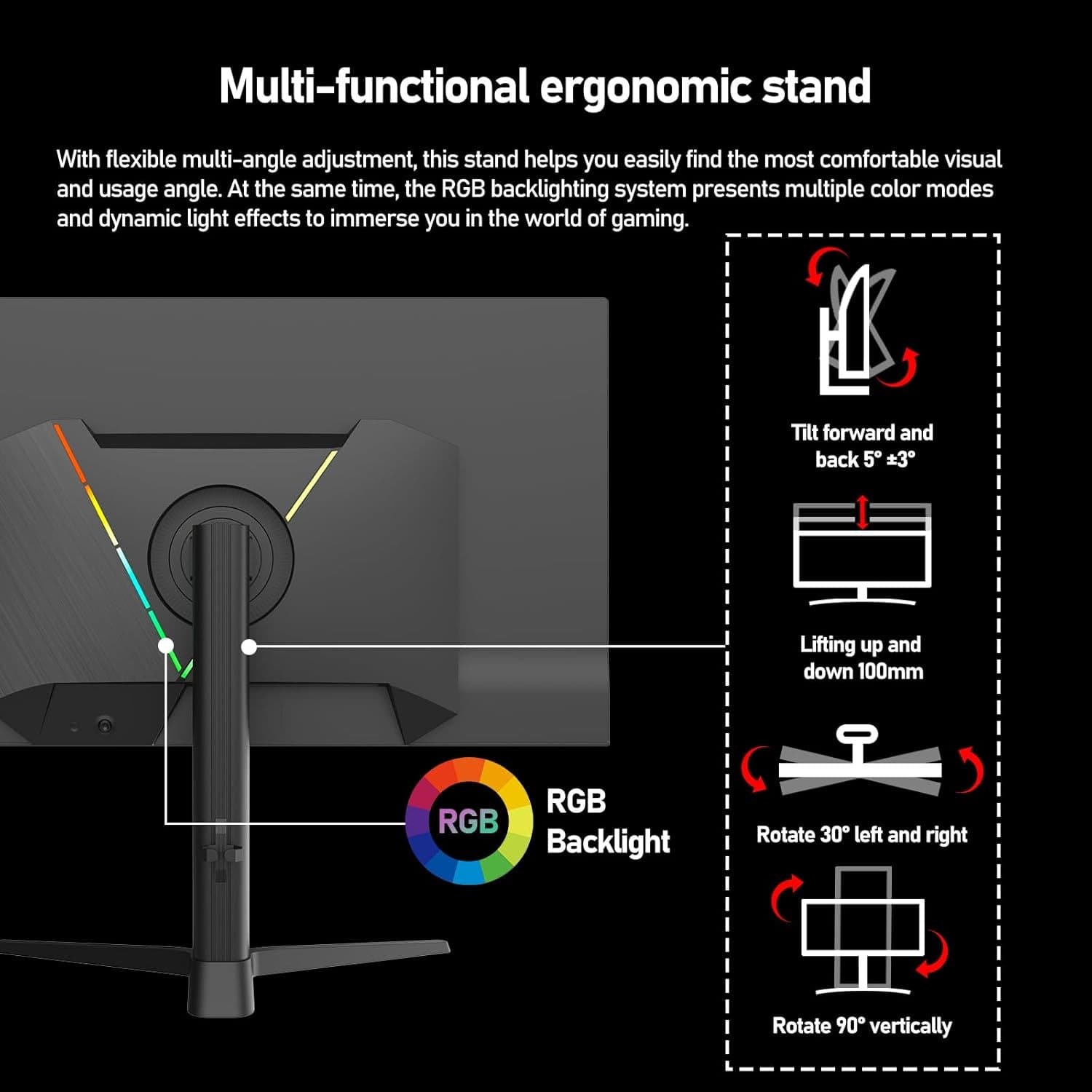 Gawfolk 27 Inch QD-OLED Gaming Monitor QHD 360Hz 0.03ms(GTG) PIP/PBP 99% DCI-P3 Type-c(65W) KVM FreeSync HDR400 HUB3.0 1.5M:1Contrast Ratio VESA RGB With Tilt/Height/Swivel Adjustable Stand (Black) - 8