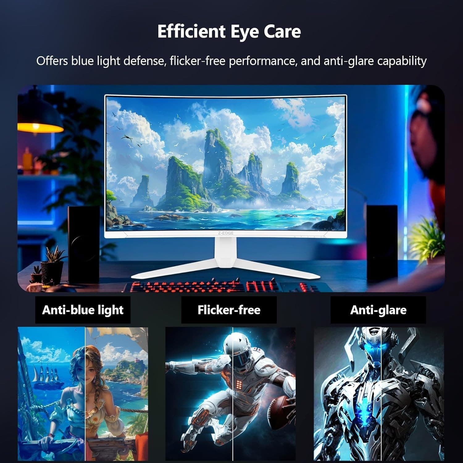 Z-Edge 27 inch Curved Gaming Monitor 300Hz, 1ms 16:9 FHD 1080P Frameless 1500R Curved Monitor, UG27S White, Freesync Eye Care, 2×Display Port, 2×HDMI - 6