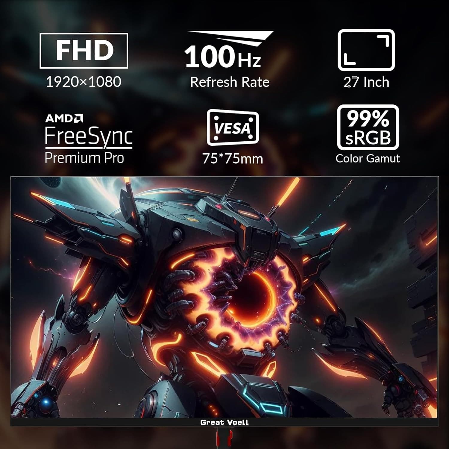 Great voell 27-Inch Gaming Monitor, 100Hz, FHD (1920x1080P), HDR, 99% sRGB, FreeSync, Built-in Speakers, Anti-Blue Light, VESA Mountable, HDMI 2.0, Tilt Adjustable, 16:9 PC Screen - 8
