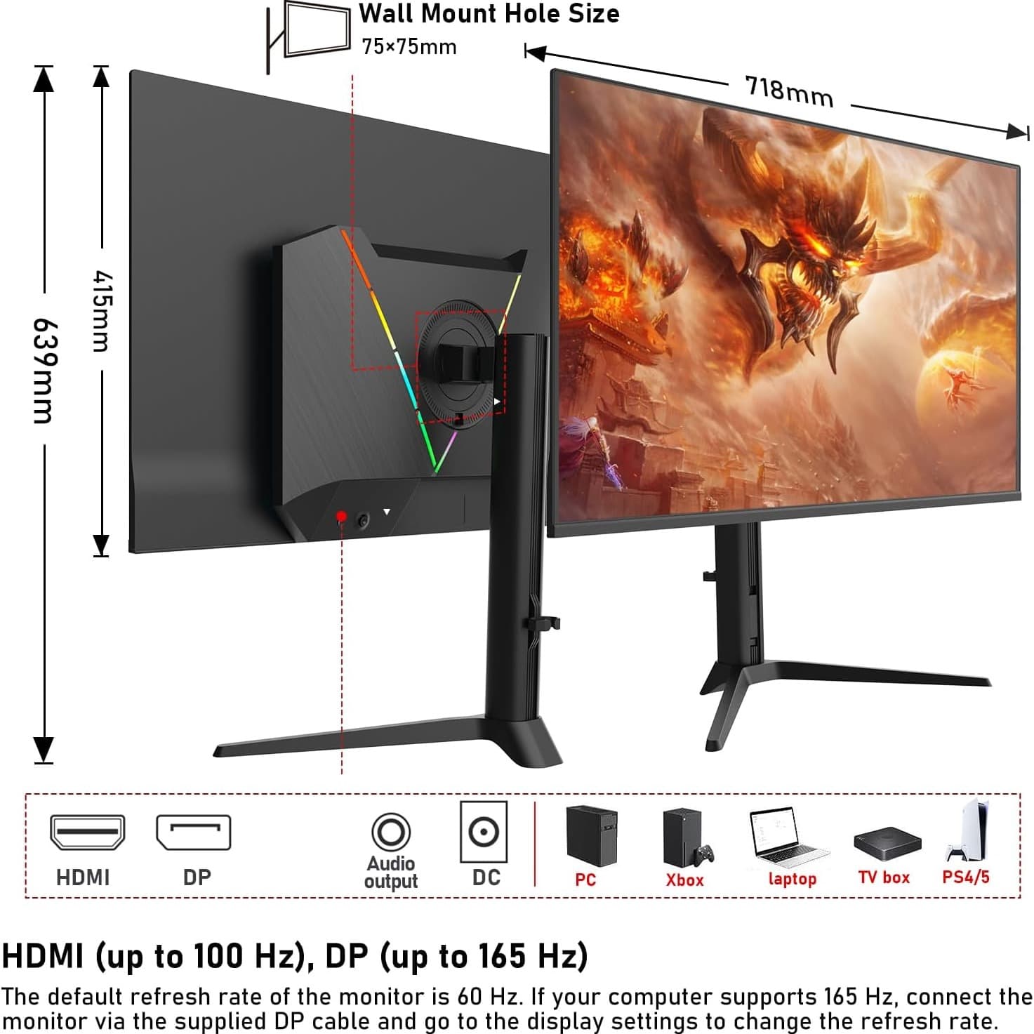 Gawfolk 32 Inch QD-OLED Gaming Monitor UHD 165Hz 0.03ms(GTG) 99% DCI-P3 FreeSync HDR400 1.5M:1Contrast Ratio VESA RGB atmosphere light With Tilt/Height/Swivel Adjustable Stand (Black) - 8