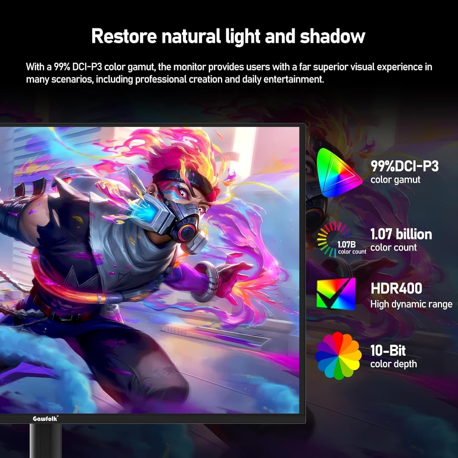 Gawfolk 27 Inch QD-OLED Gaming Monitor QHD 360Hz 0.03ms(GTG) PIP/PBP 99% DCI-P3 FreeSync HDR400 1.5M:1Contrast Ratio VESA RGB atmosphere light With Tilt/Height/Swivel Adjustable Stand (Black) - 5