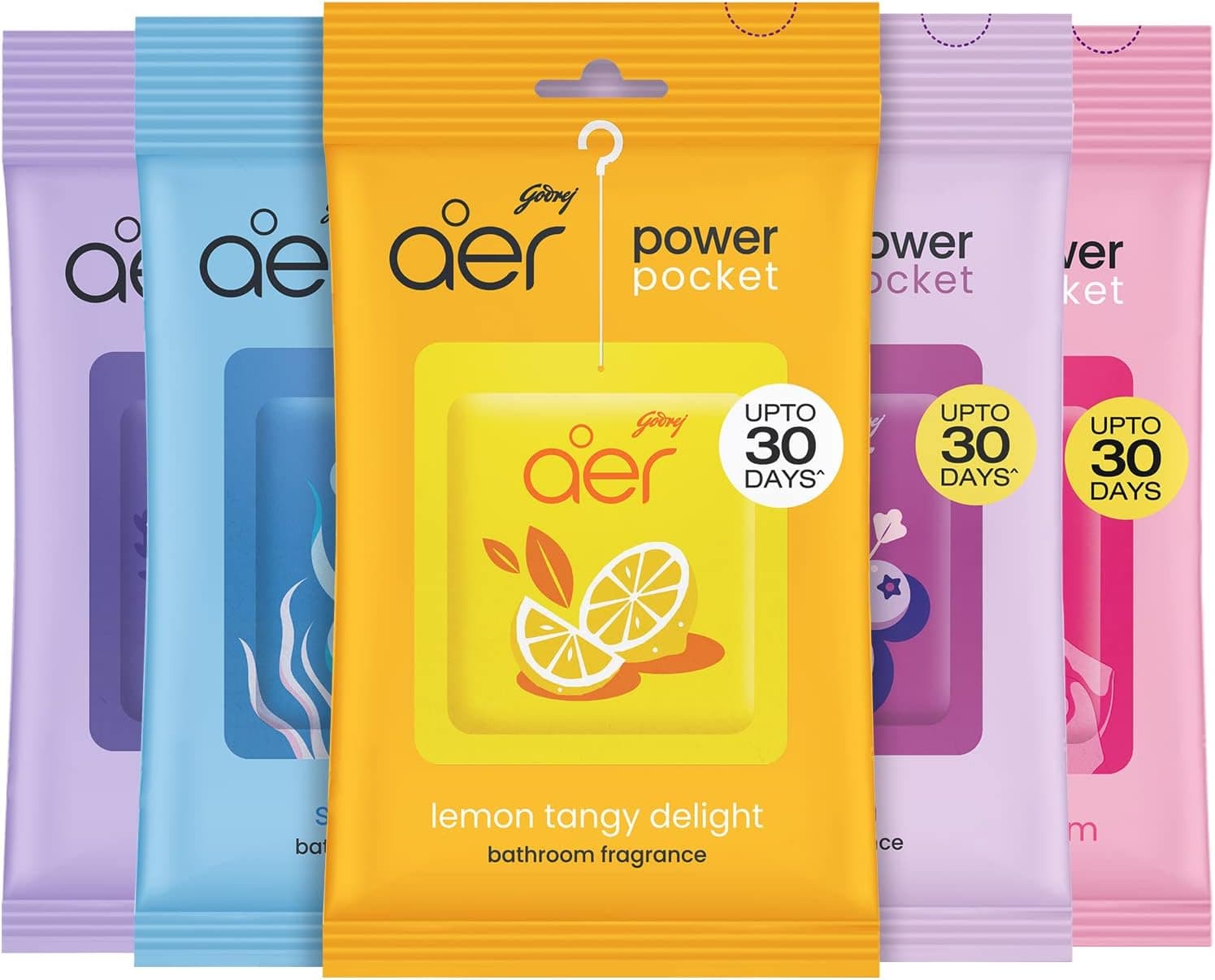 Godrej Aer Power Pocket  Air Freshener- Bathroom And Toilet  Lasts Up To 30 Days  Assorted Pack Of 5 (50G), Multicolour, 40017848 - 2