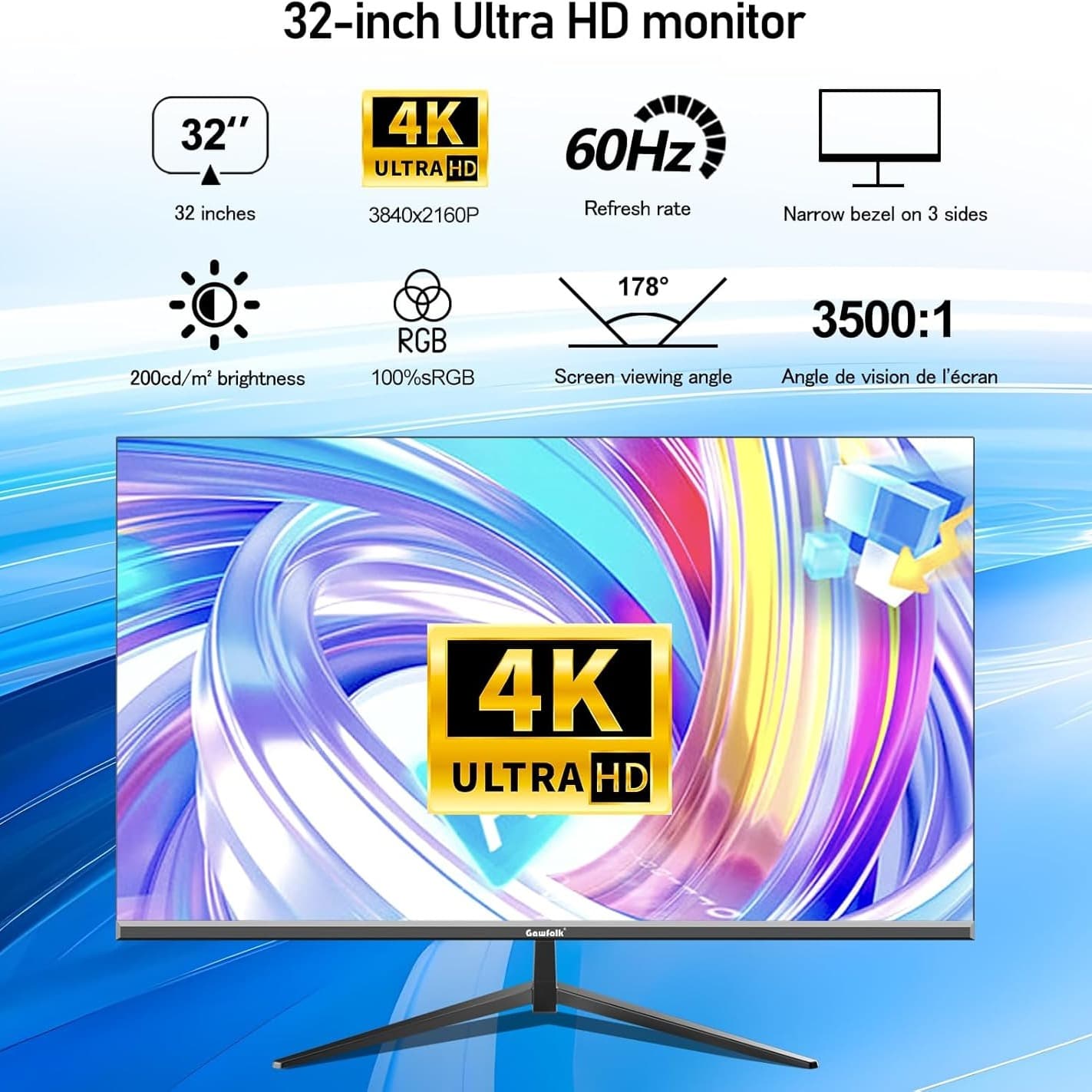 Gawfolk 32 Inch Gaming Monitor 4K 60Hz Computer Display Screen UHD(3840 * 2160) 100% sRGB Ultra-Thin Frameless Suitable for home offices to be used in video and picture production - 4