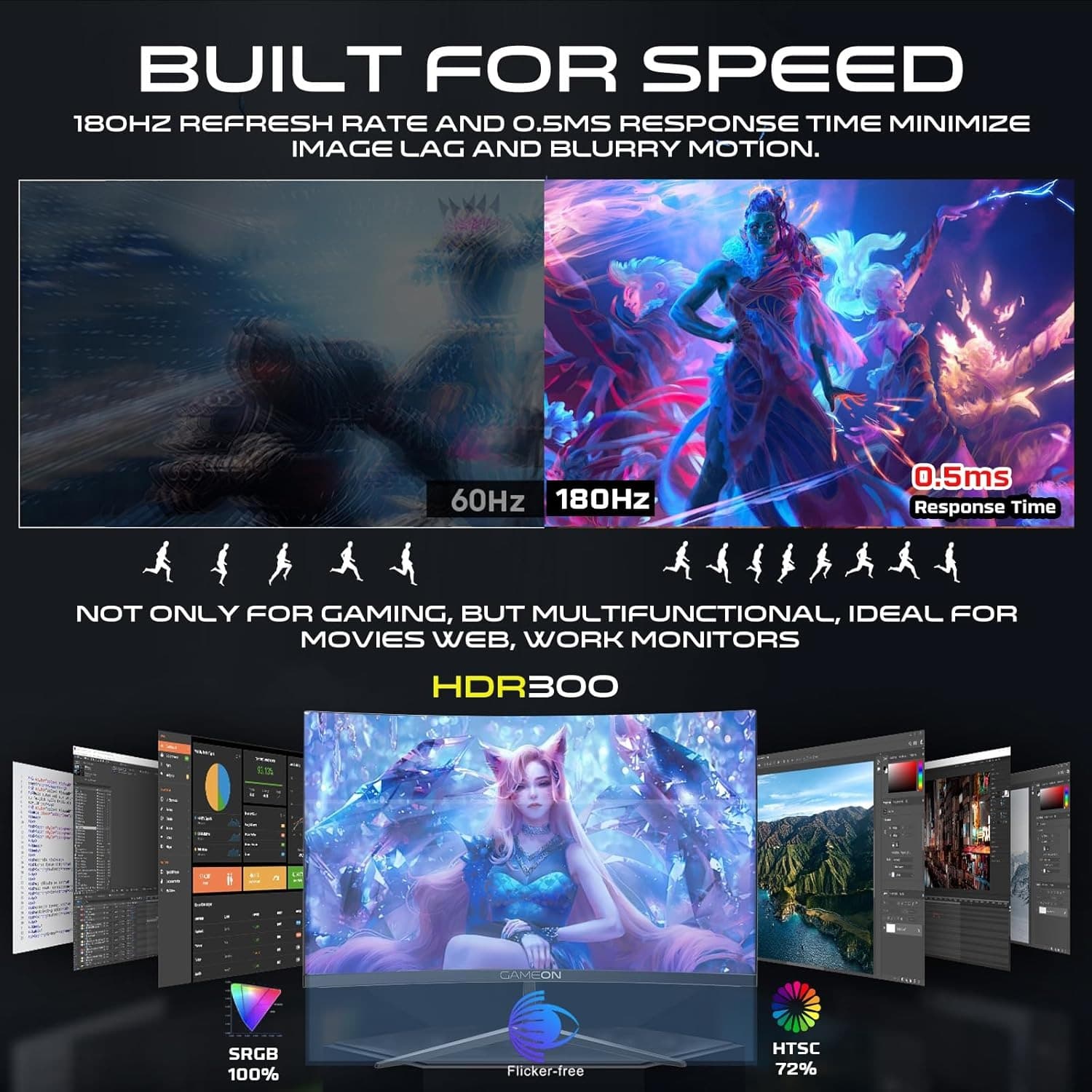 GAMEON GOC27Q180VA Pro Series Curved Gaming Monitor 27 inch, 2560x1440p QHD Fast VA Panel, 180Hz, 0.5ms, HDMI 2.1, G-Sync & Freesync, Crosshair assistant, Built-in Speakers, Supports HDR, PS5, VRR - 7