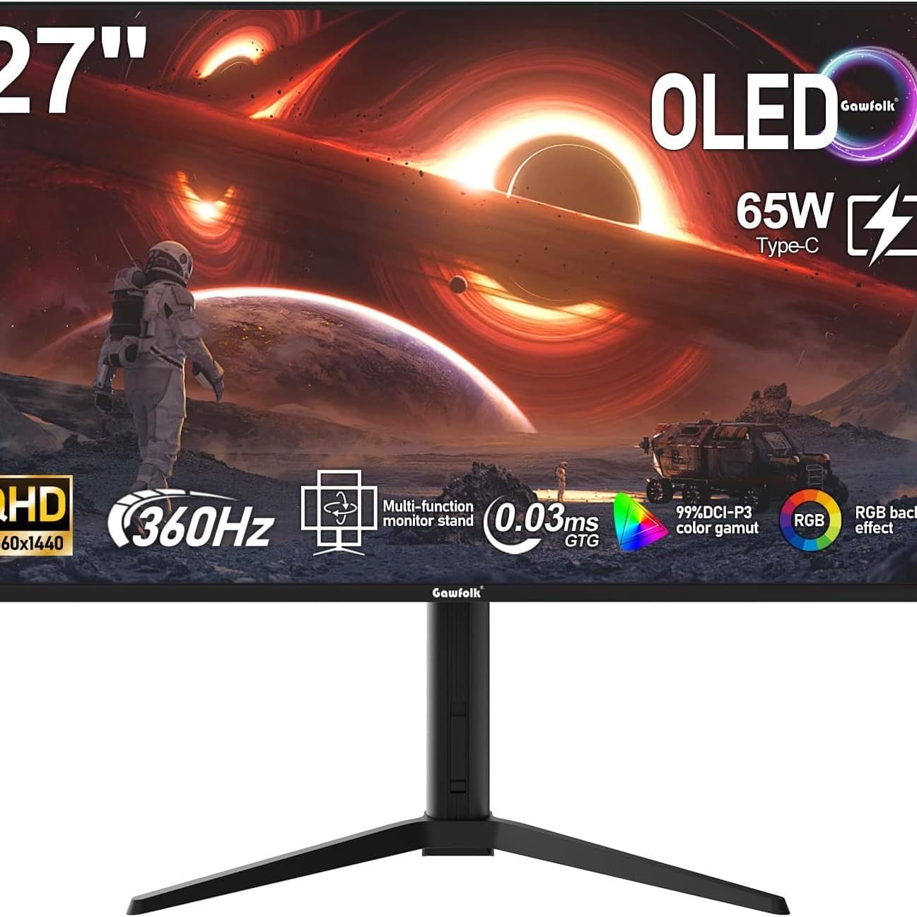 Gawfolk 27 Inch QD-OLED Gaming Monitor QHD 360Hz 0.03ms(GTG) PIP/PBP 99% DCI-P3 Type-c(65W) KVM FreeSync HDR400 HUB3.0 1.5M:1Contrast Ratio VESA RGB With Tilt/Height/Swivel Adjustable Stand (Black) - 1