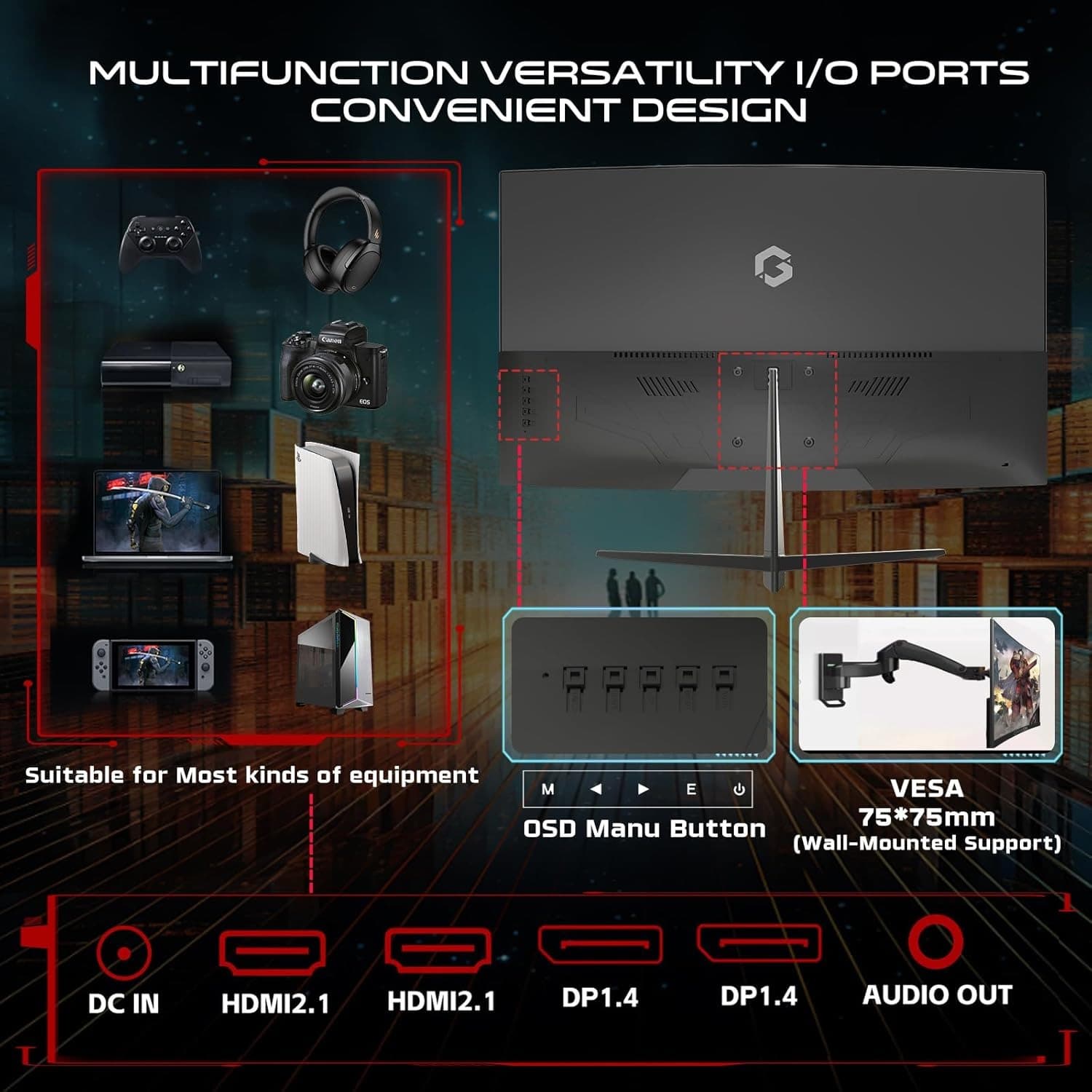 GAMEON GOC27Q180VA Pro Series Curved Gaming Monitor 27 inch, 2560x1440p QHD Fast VA Panel, 180Hz, 0.5ms, HDMI 2.1, G-Sync & Freesync, Crosshair assistant, Built-in Speakers, Supports HDR, PS5, VRR - 6