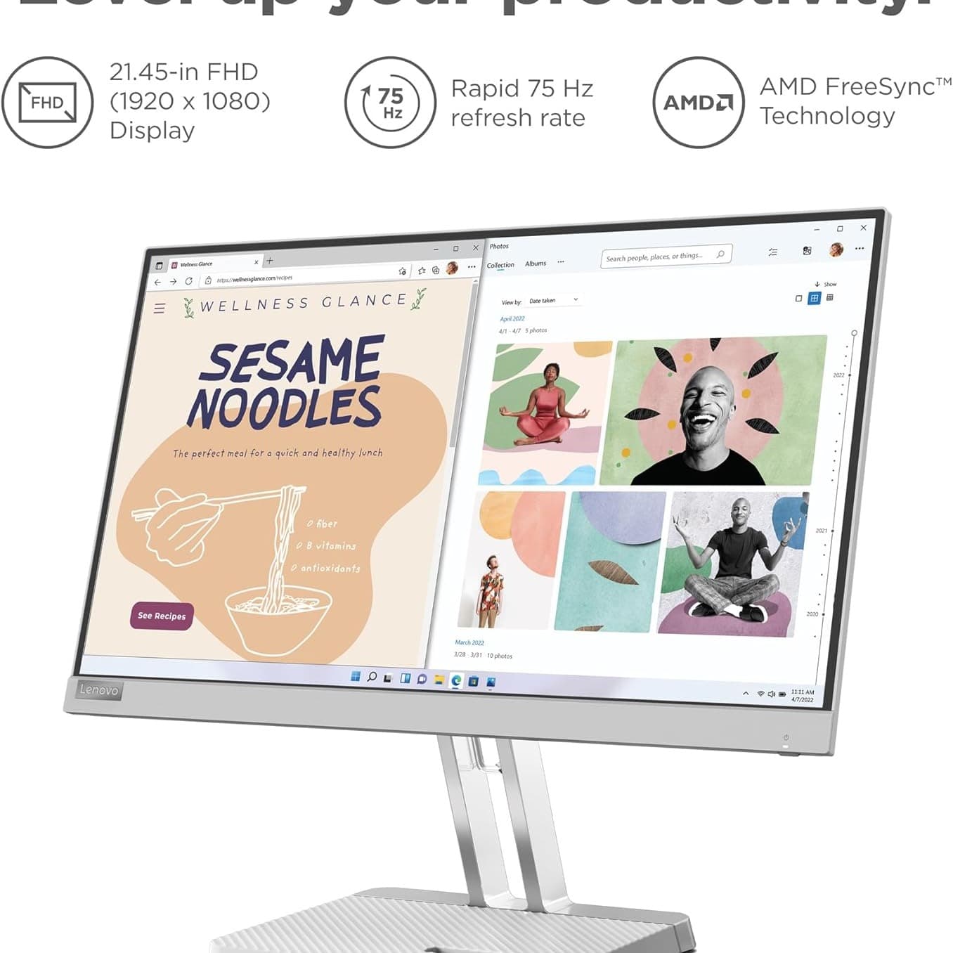 Lenovo L22e-40 – Everyday Monitor - 21.45" FHD Display - 75Hz - 4ms–16ms Response Time - AMD FreeSync - Low Bluelight Certified - Tilt Stand - HDMI 1.4 - VGA - Audio Out - 5