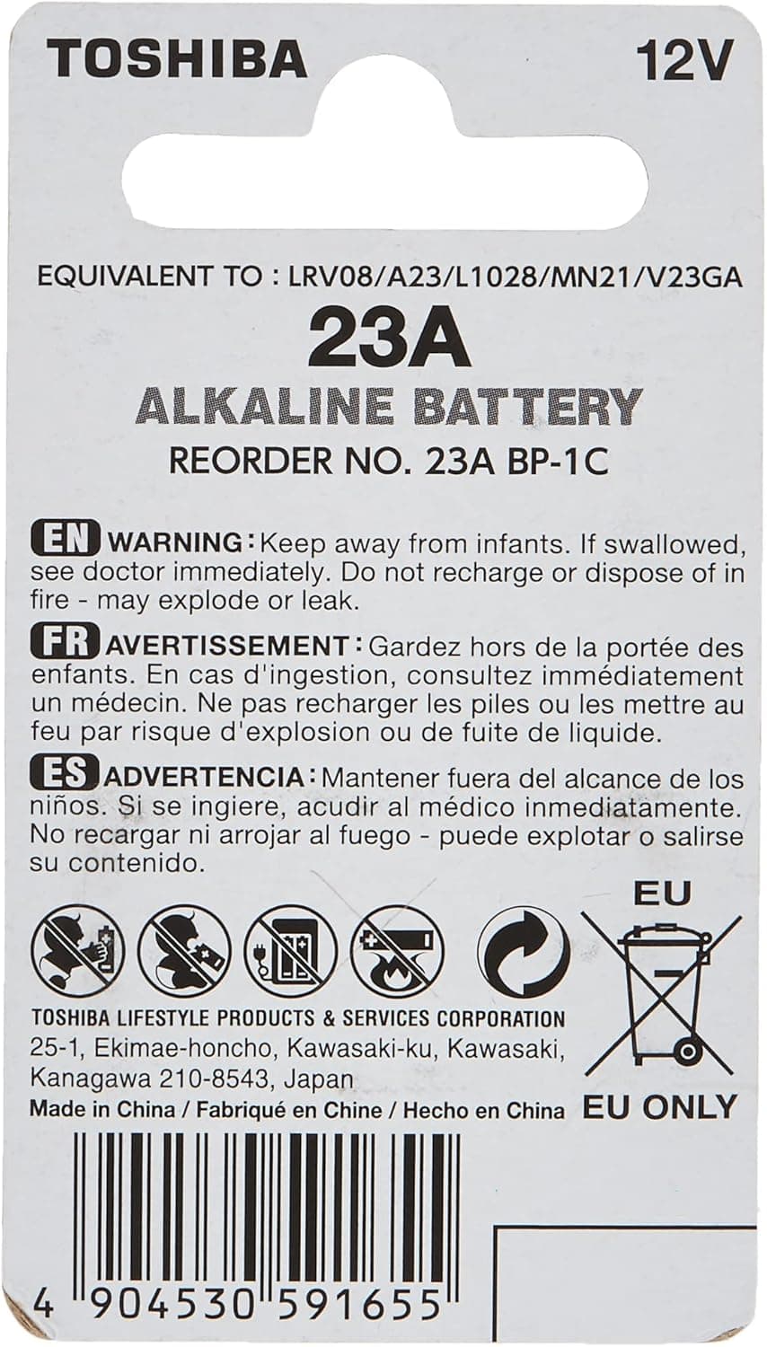 Toshiba 23A type Alkaline Battery 12 V (0% MERCURY) - Equivalent to LRV08 / A23 / L1028 / MN21 / V23GA - 2