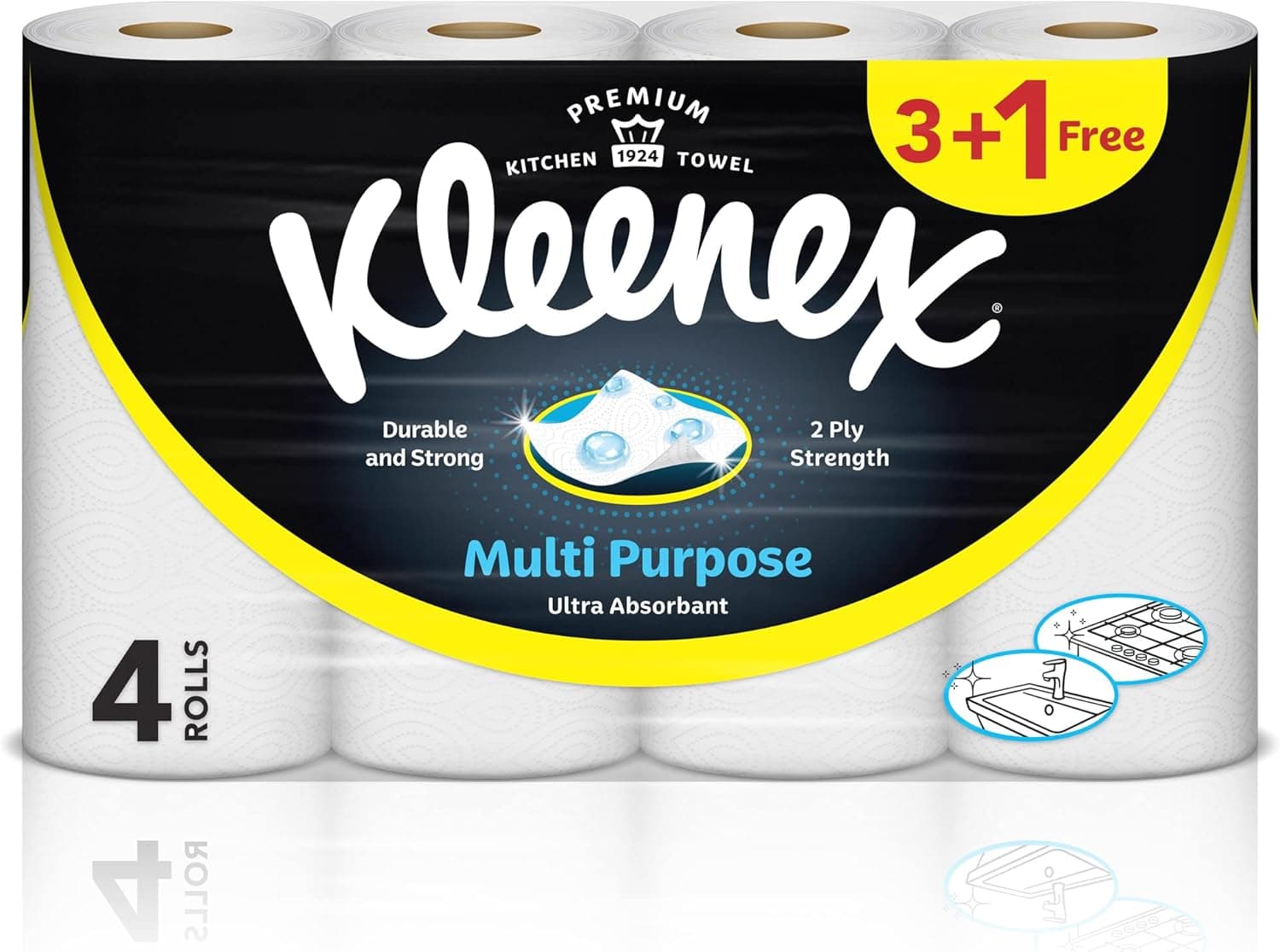 Kleenex Multi Purpose Kitchen Tissue Paper Towel, 2 PLY, 4 Rolls x 90 Sheets, Absorbent Towels for all Surfaces - 1