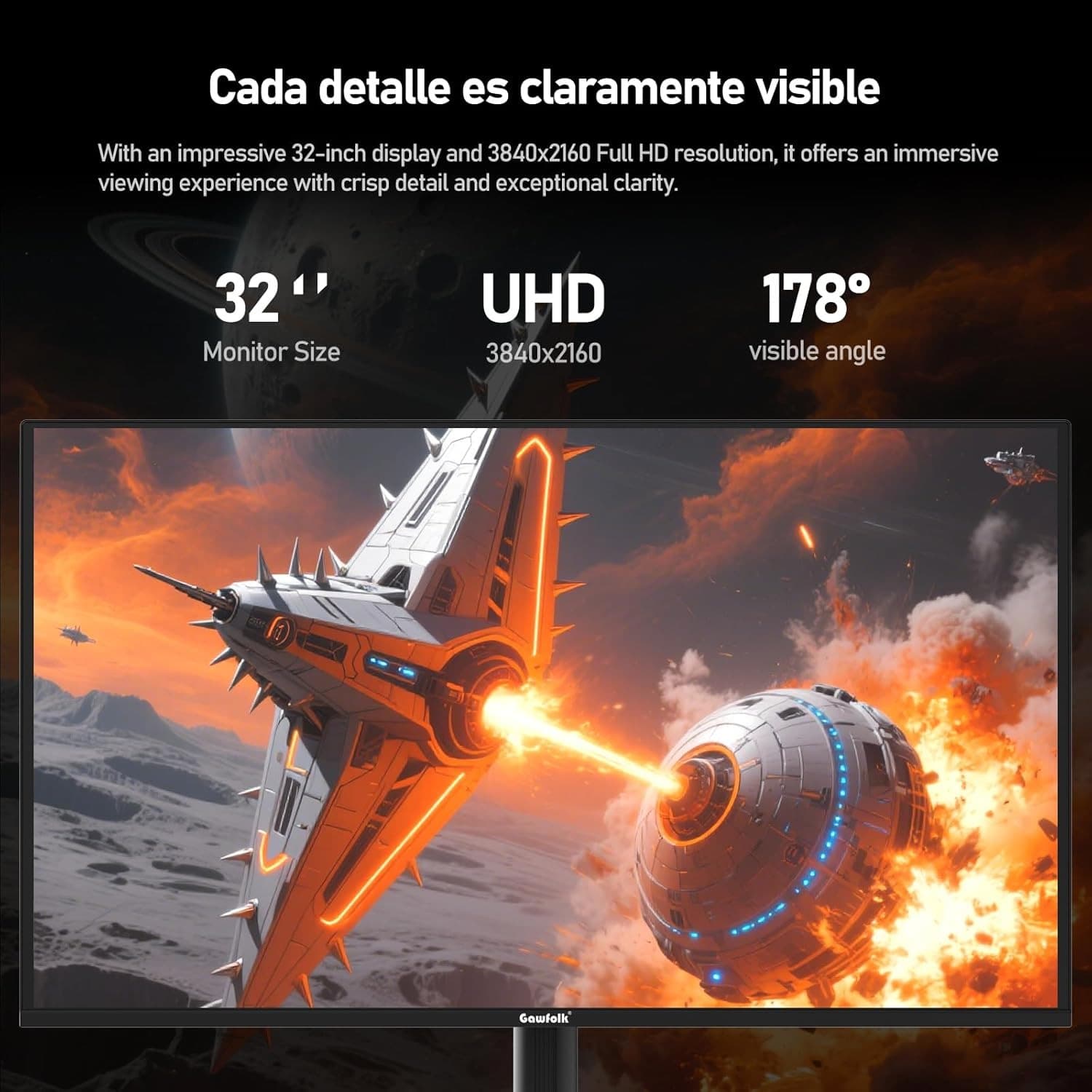 Gawfolk 32 Inch QD-OLED Gaming Monitor UHD 165Hz 0.03ms(GTG) 99% DCI-P3 FreeSync HDR400 1.5M:1Contrast Ratio VESA RGB atmosphere light With Tilt/Height/Swivel Adjustable Stand (Black) - 5