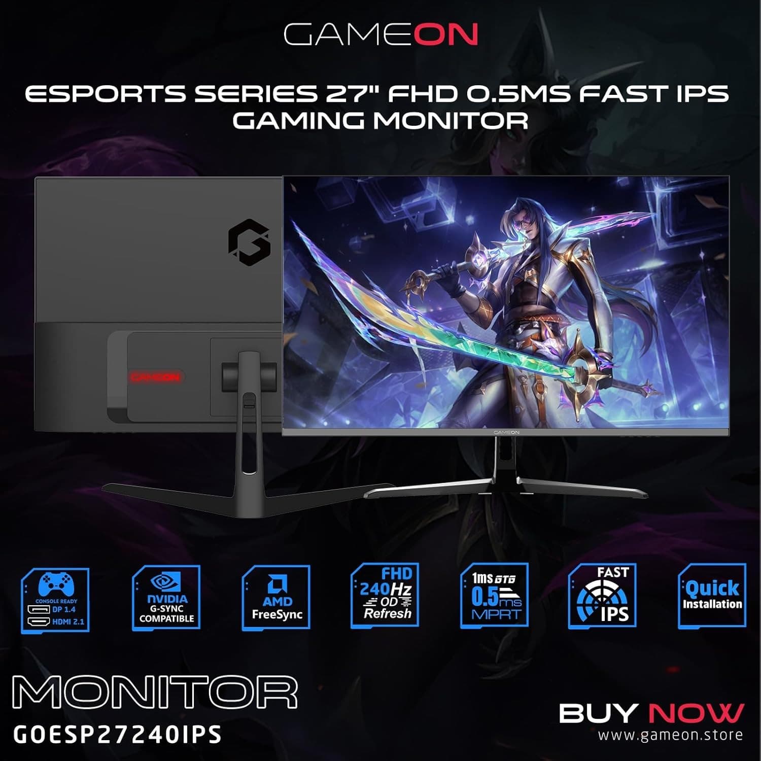GAMEON New 2024 1080p Gaming Monitor 27 inch, GOESP27240IPS, FHD IPS, 240Hz Refresh Rate, 0.5ms Response Time, 2.1 HDMI, G-Sync & FreeSync, HDR, Built-in-Speakers, Console Ready - 5