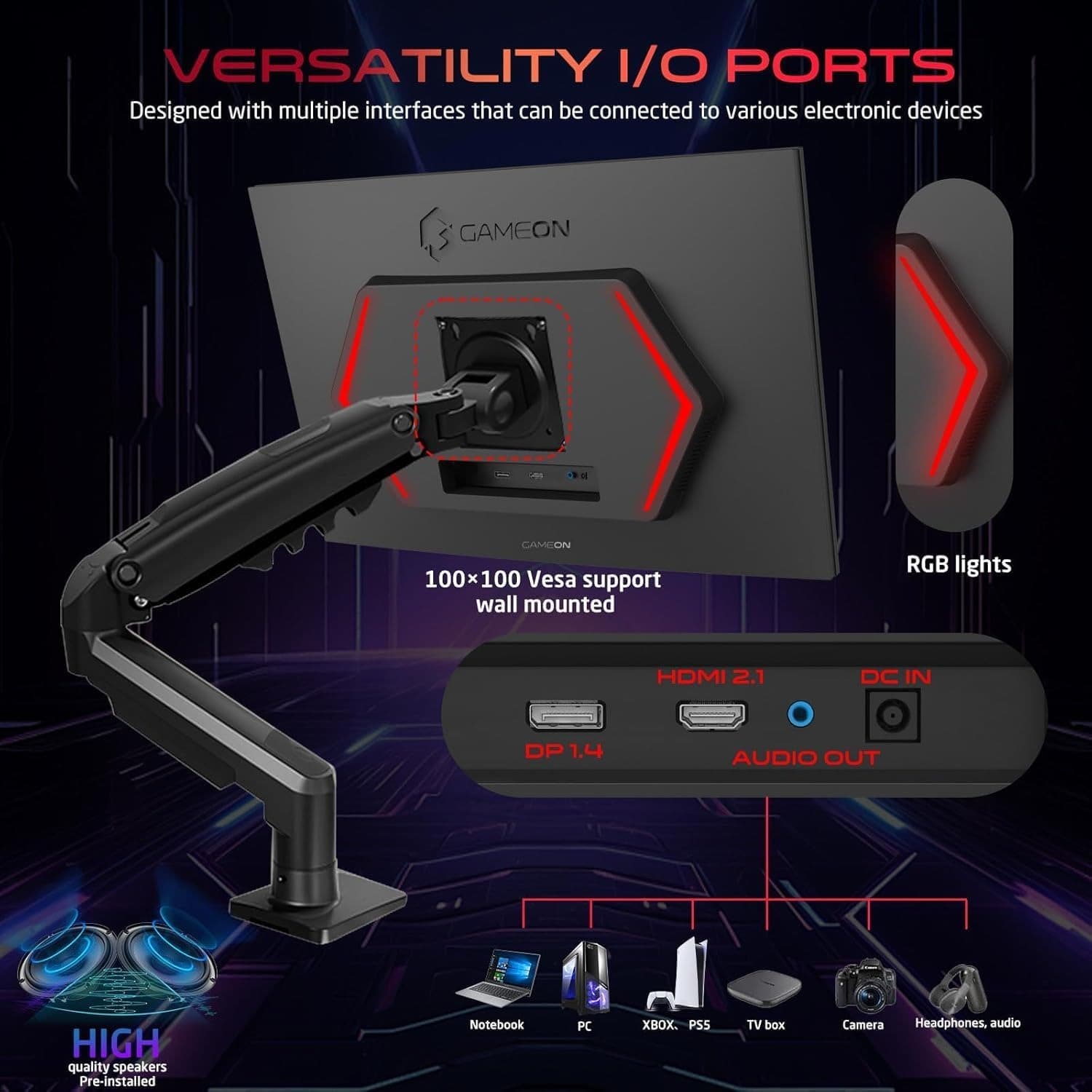 GAMEON GOM27FHD190IPSX Midnight Pro X series, Black Gaming Monitor 27 inch, 1920x1080p FHD Fast IPS Panel, 190Hz, 0.5ms, 2.1 HDMI, With stand,Freesync&Gsync, Supports HDR, PS5, VRR - 5