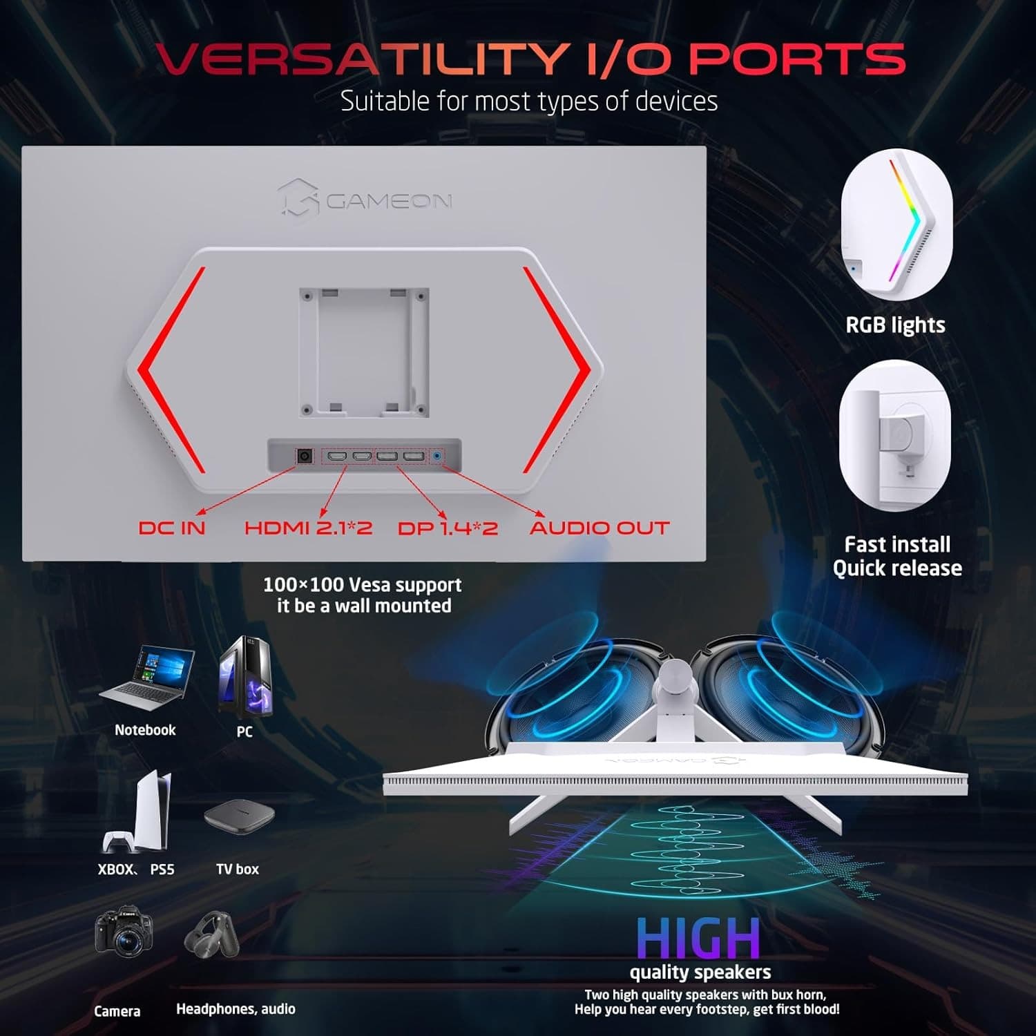 GAMEON GOA27QHD180IPS Arctic Pro-Series 27" White Gaming Monitor, 2560x1440p 2K QHD, Fast IPS Panel, 180Hz, 0.3ms, HDMI 2.1, FreeSync & G-Sync, Crosshair Assistant, HDR, PS5, VRR Support - 6