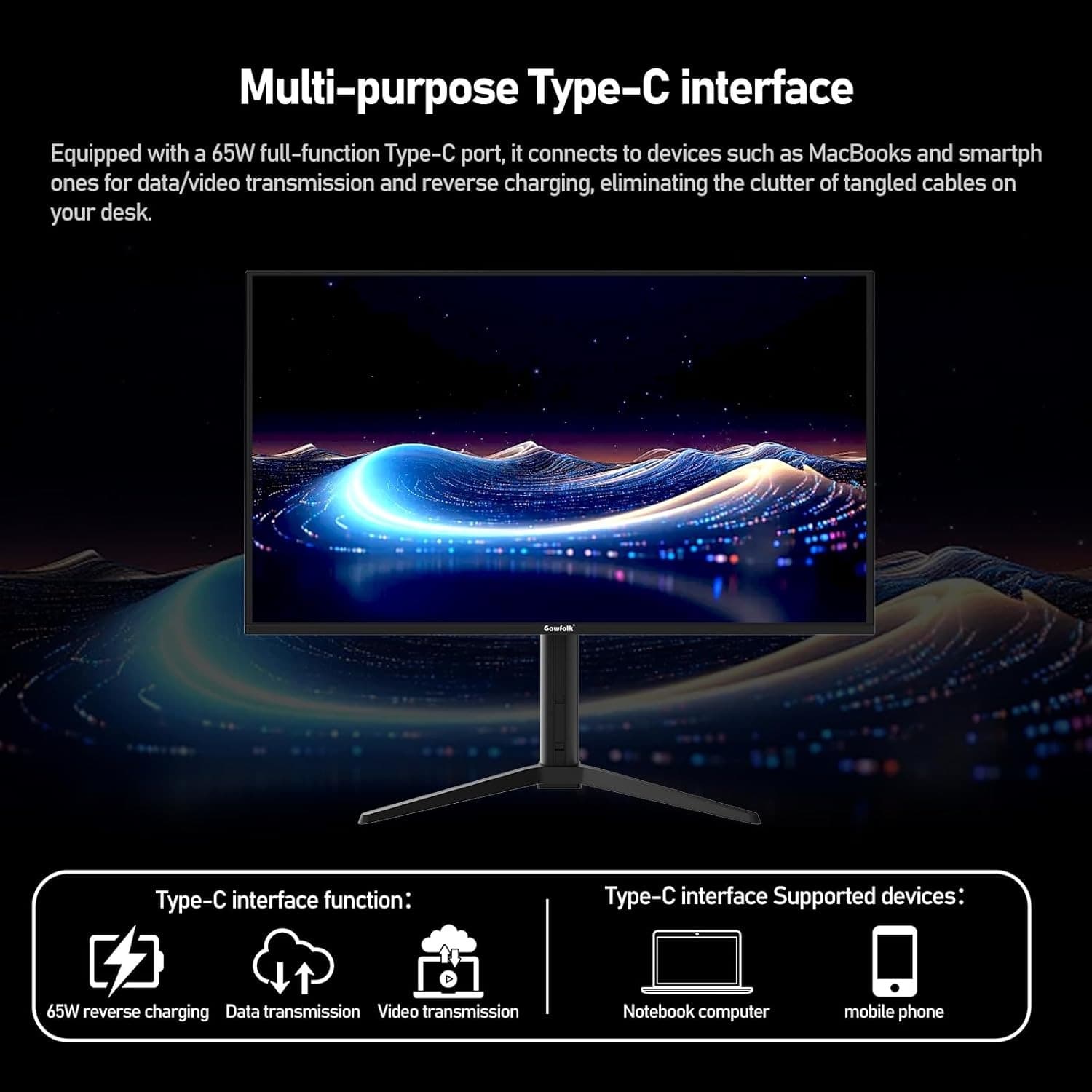 Gawfolk 32 Inch QD-OLED Gaming Monitor UHD 240Hz 0.03ms(GTG) PIP/PBP 99% DCI-P3 Type-c(65W) KVM FreeSync HDR400 HUB3.0 1.5M:1Contrast Ratio VESA RGB With Tilt/Height/Swivel Adjustable Stand (Black) - 5