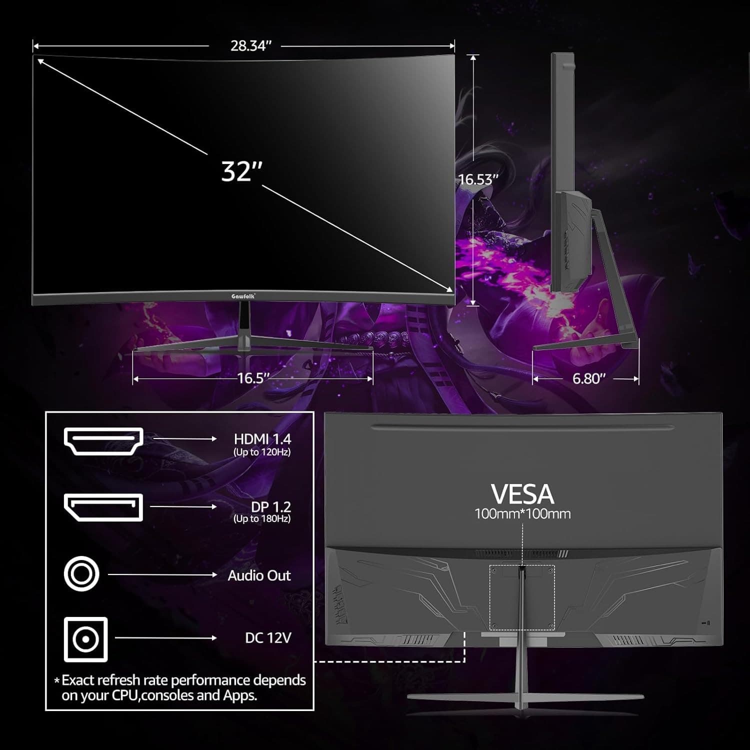 Gawfolk 32 Inch Gaming Monitor FHD 180Hz Curved 1800R Computer Display Screen FreeSync 100% sRGB 1ms(GTG) VESA Suitable for Esports, Office and Home Use - 5