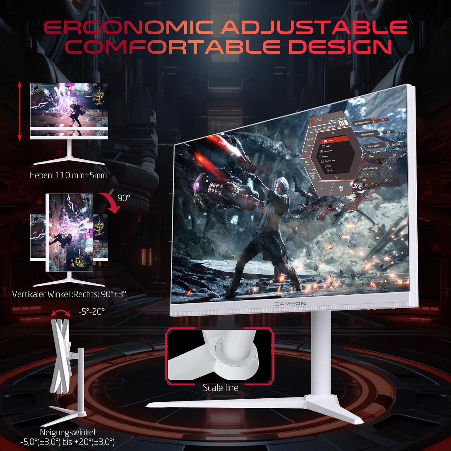 GAMEON GOA27QHD180IPS Arctic Pro-Series 27" White Gaming Monitor, 2560x1440p 2K QHD, Fast IPS Panel, 180Hz, 0.3ms, HDMI 2.1, FreeSync & G-Sync, Crosshair Assistant, HDR, PS5, VRR Support - 4