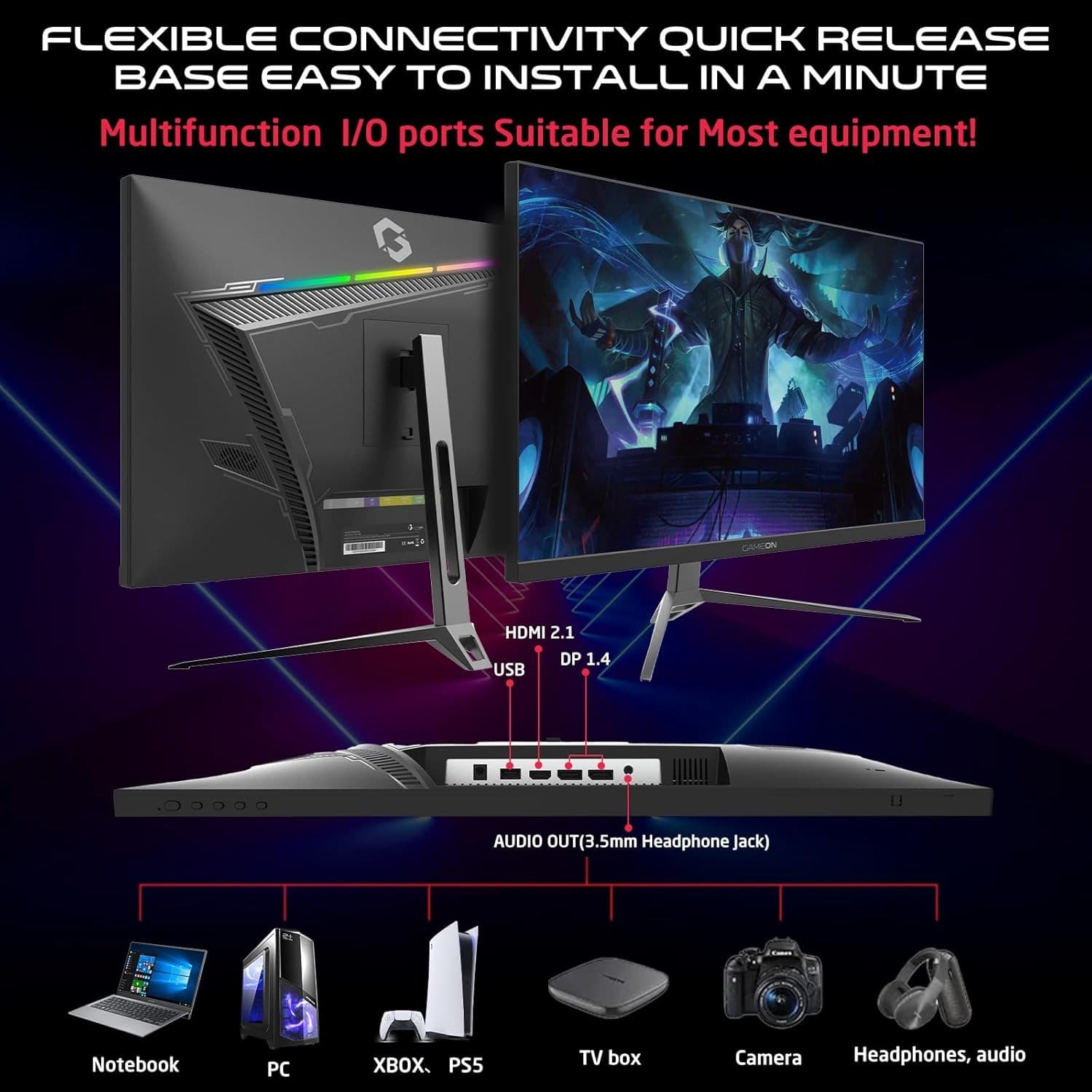 GAMEON GOES27QHD240IPS E-sports Series, Black Gaming Monitor 27 Inch,1920x1080p FHD, IPS Panel, 240Hz Refresh Rate, 0.5ms Response Time, 2.1 HDMI, Free Sync&G-Sync, Supports PS5,شاشه قيمنق 27 بوصة - 2