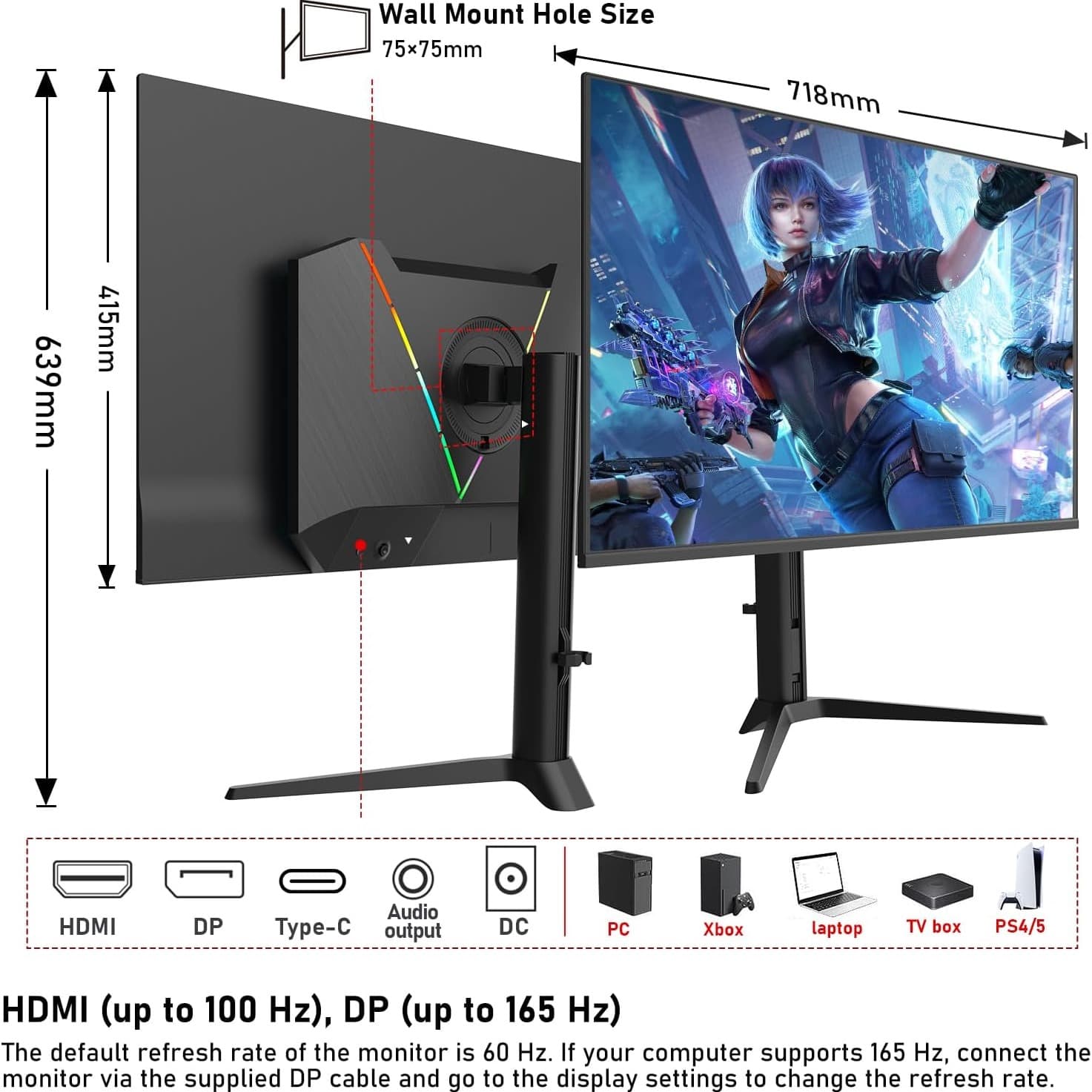Gawfolk 32 Inch QD-OLED Gaming Monitor UHD 165Hz 0.03ms(GTG) PIP/PBP 99% DCI-P3 Type-c(65W) KVM FreeSync HDR400 HUB3.0 1.5M:1Contrast Ratio VESA RGB With Tilt/Height/Swivel Adjustable Stand (Black) - 7