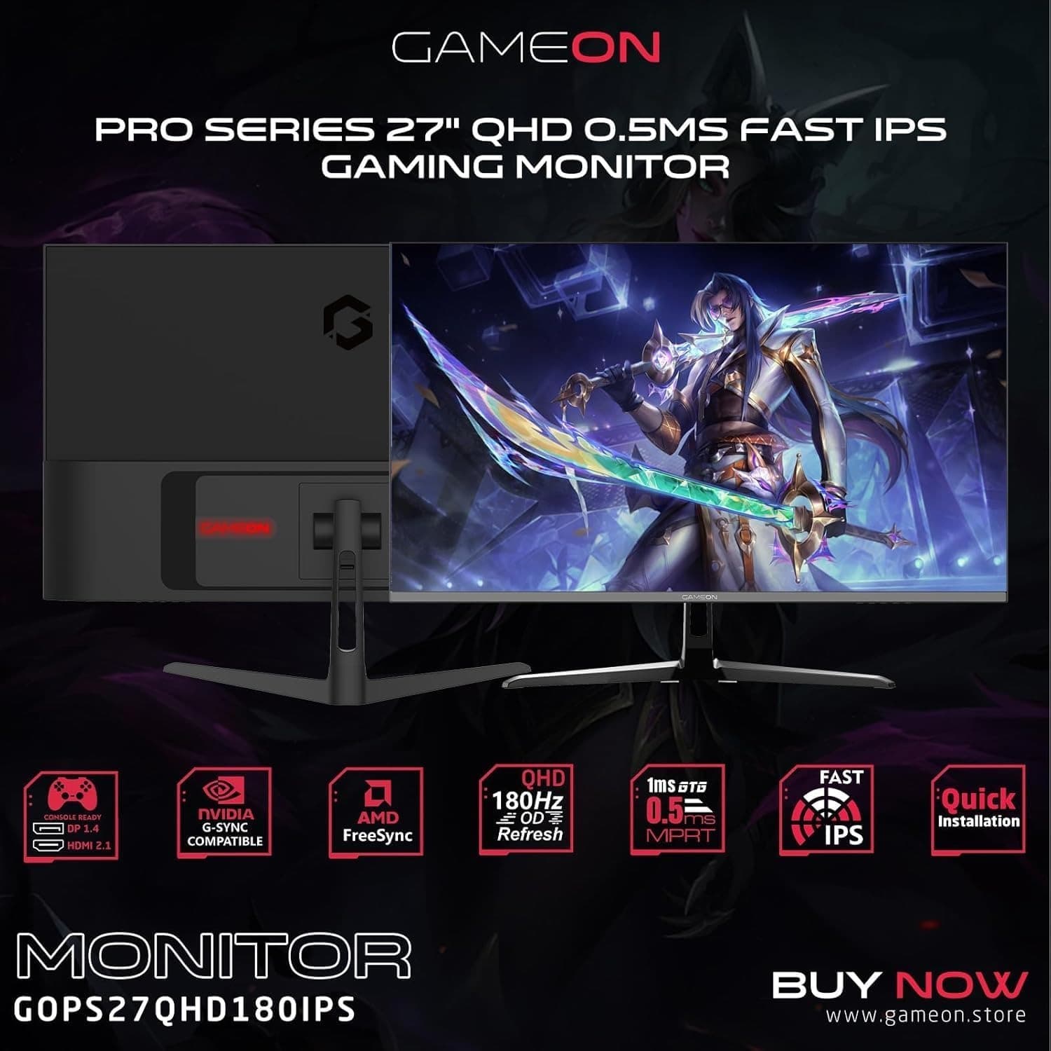 GAMEON New 2024 2K Gaming Monitor 27 inch, GOPS27QHD180IPS, QHD IPS Panel,180Hz Refresh Rate, 0.5ms Response Time, 2.1 HDMI, G-Sync & FreeSync, HDR, Console Ready - 7