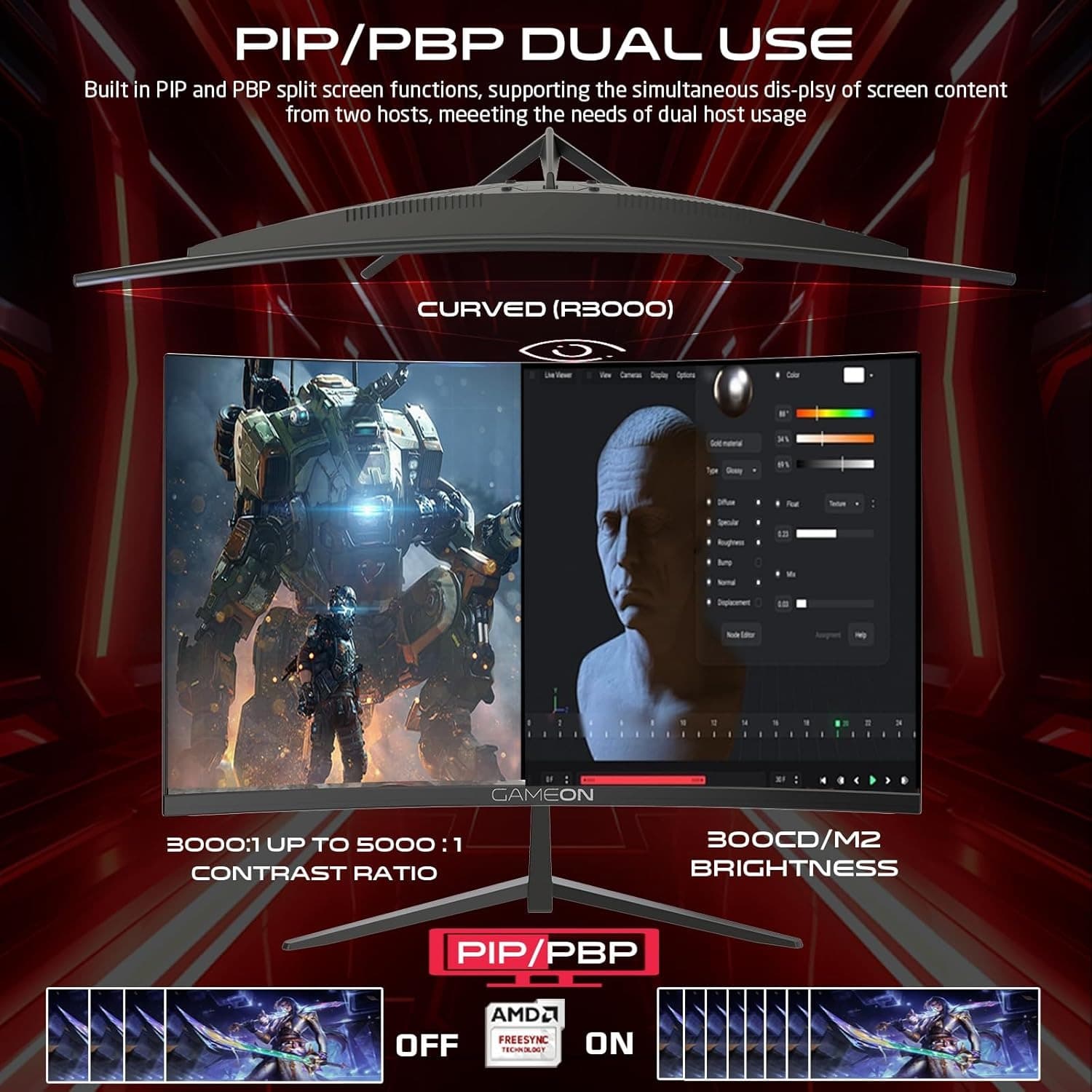 GAMEON GOC27Q180VA Pro Series Curved Gaming Monitor 27 inch, 2560x1440p QHD Fast VA Panel, 180Hz, 0.5ms, HDMI 2.1, G-Sync & Freesync, Crosshair assistant, Built-in Speakers, Supports HDR, PS5, VRR - 3