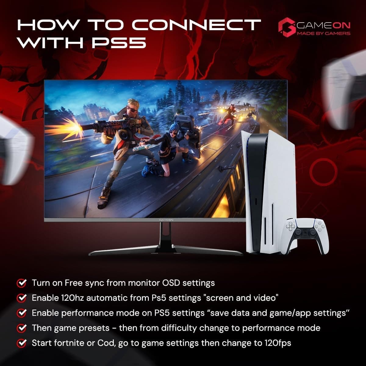 GAMEON GOES22FHD120IPS 22-Inch Full HD Monitor, 120Hz, 0.5ms, IPS Panel, HDMI 2.1, FreeSync, NVIDIA G-Sync Compatible, PS5 Supported,1920x1080 Resolution Ultra-Slim Design, Black - 4