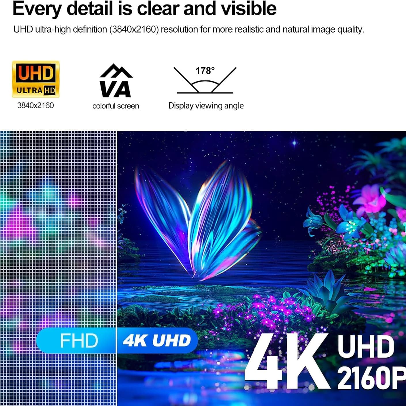 Gawfolk 32 Inch Monitor UHD 60Hz Gaming Monitor 4K(3840×2160) Ultra-Thin Frameless Computer Display Screen 100% sRGB 300cd/m² Suitable for entertainment, office, video, and picture design - 6