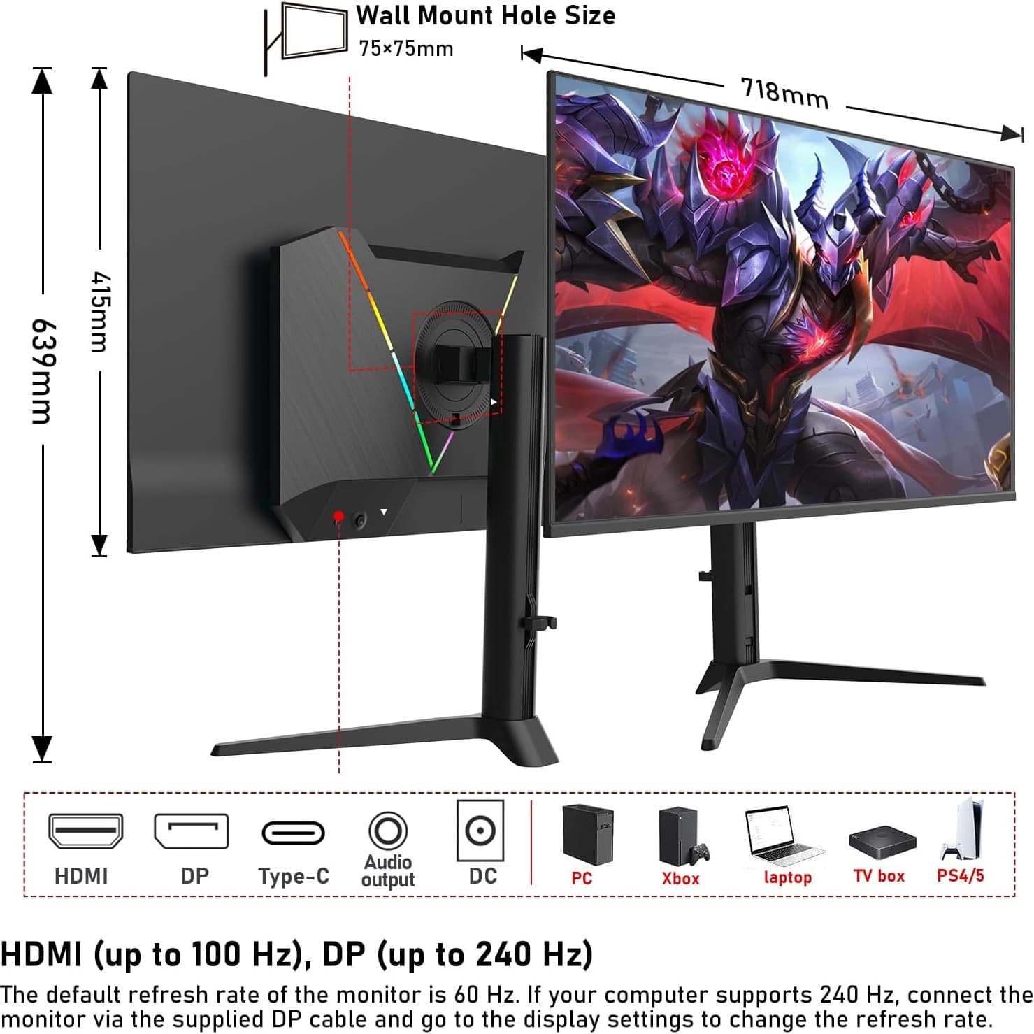 Gawfolk 32 Inch QD-OLED Gaming Monitor UHD 240Hz 0.03ms(GTG) PIP/PBP 99% DCI-P3 Type-c(65W) KVM FreeSync HDR400 HUB3.0 1.5M:1Contrast Ratio VESA RGB With Tilt/Height/Swivel Adjustable Stand (Black) - 3