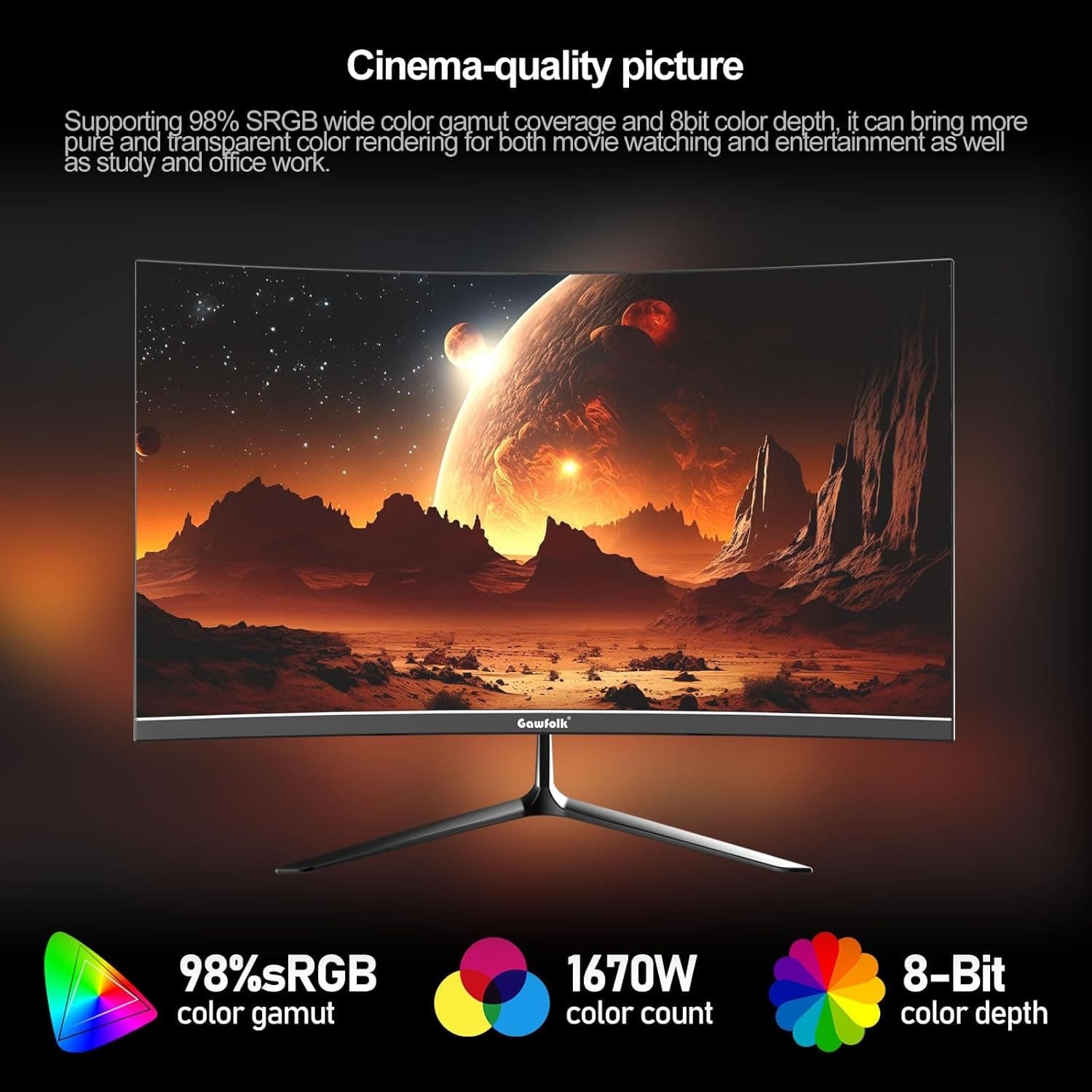 Gawfolk 24.5 Inch Curved Gaming Monitor FHD 120Hz Computer Monitor VA 3000R 98% sRGB Flicker-Free Display Screen Suitable for home, office and surveillance (Built-in speaker) - 5