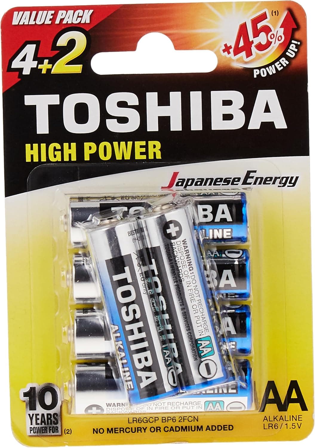 TOSHIBA Long-lasting Vibration resistance High Power Alkaline AA - 4+2 Battery Pack - 3