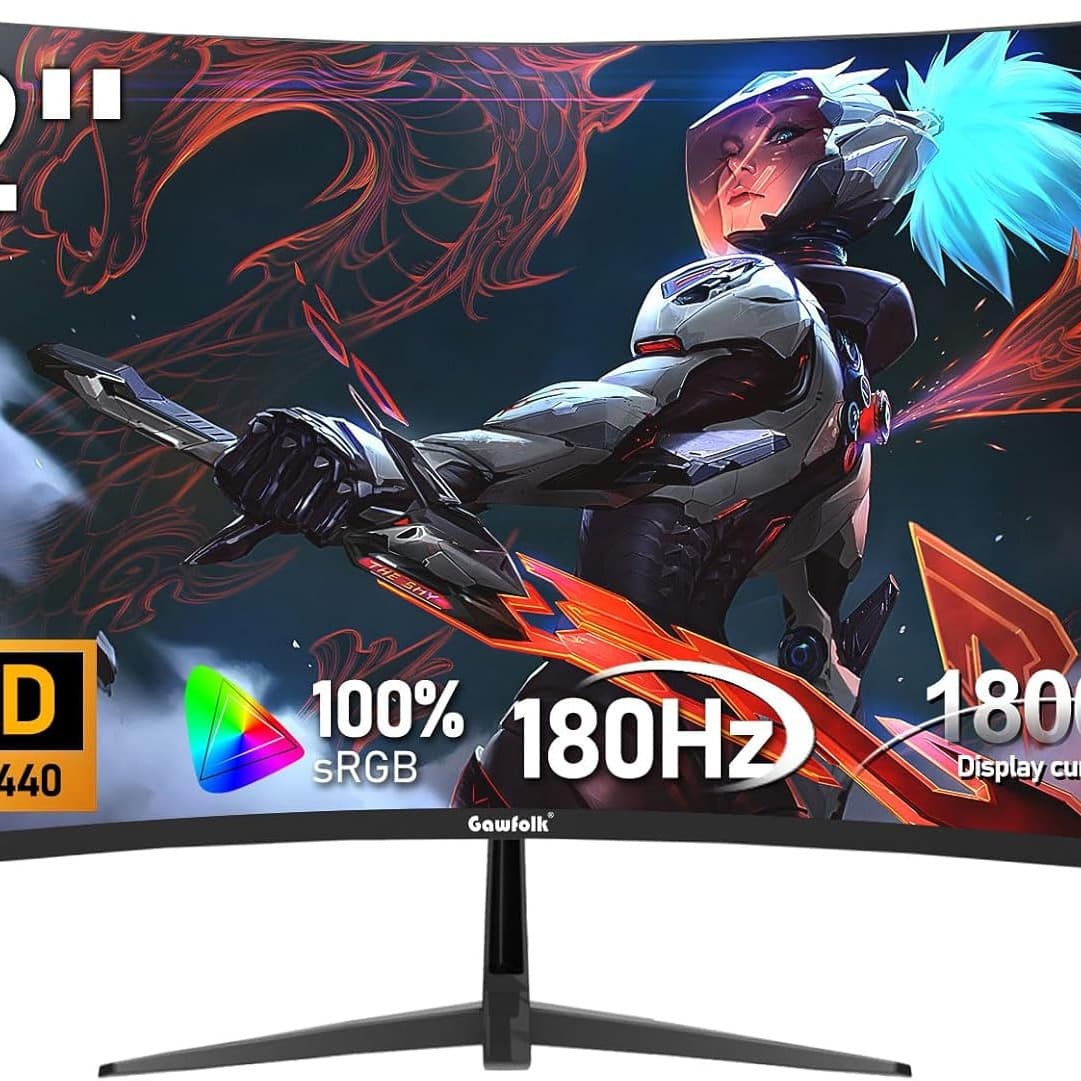 Gawfolk 32 Inch Curved Gaming Monitor QHD 180Hz Computer Monitors 2K(2560 * 1440) 1800R Display Screen 1ms(GTG) 100% sRGB FreeSync For Vvideo Production, Office, Gaming, Support Wall Mounting - 1