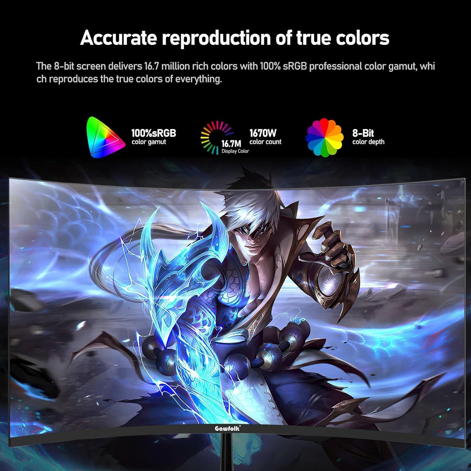 Gawfolk 32 Inch Curved Gaming Monitor QHD 180Hz Computer Monitors 2K(2560 * 1440) 1800R Display Screen 1ms(GTG) 100% sRGB FreeSync For Vvideo Production, Office, Gaming, Support Wall Mounting - 4