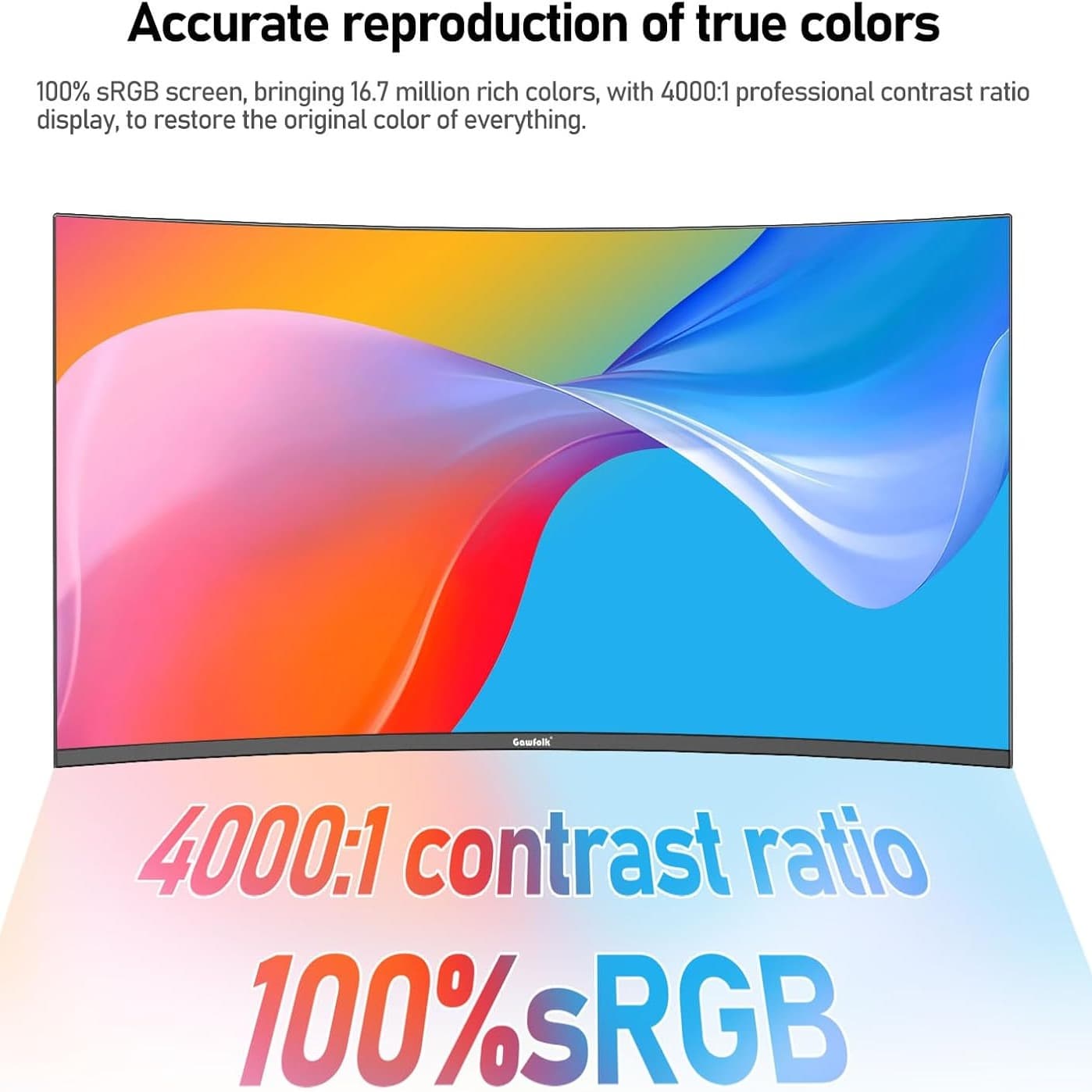 Gawfolk 27 Inch Gaming Monitor FHD 100Hz Curved 1800R Monitor 1080P Frameless Computer Display Screen 100% sRGB 300cd/m² Suitable for office, home and entertainment (Built in Speaker) - 3