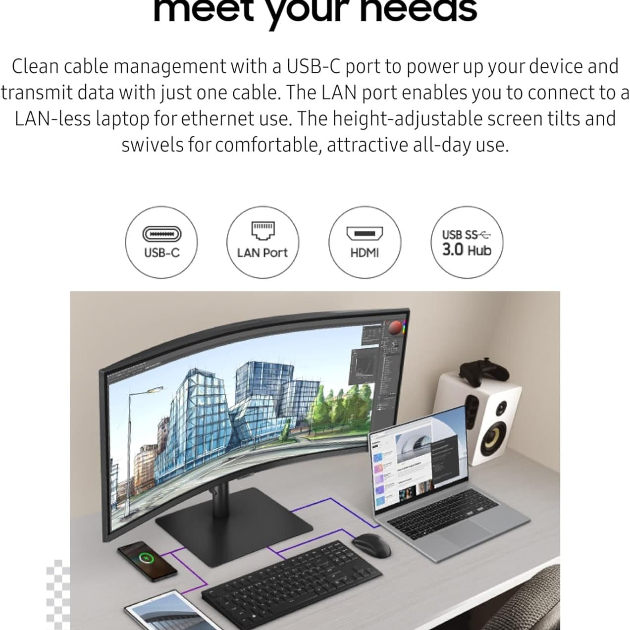 SAMSUNG 34” ViewFinity S65VC Series Ultrawide QHD Curved Monitor, Built-in FHD Camera, HDR10, 100Hz, 350 nit, USB- C, Adjustable Stand, Intelligent Eye Care, LS34C650VANXGO, Black - 6