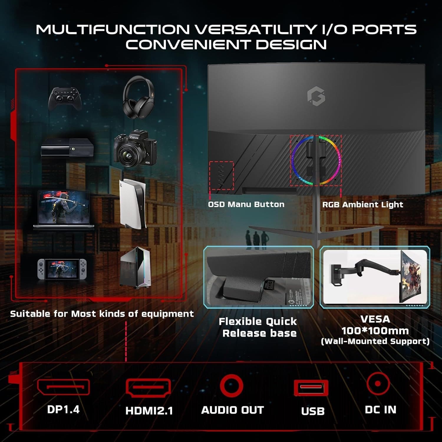 GAMEON GOC27F180VA Pro Series Curved Gaming Monitor 27 inch, 1920x1080p FHD Fast VA Panel, 180Hz, 0.5ms, HDMI 2.1, G-Sync & Freesync, Crosshair assistant, Built-in Speakers, Supports HDR, PS5, VRR - 10