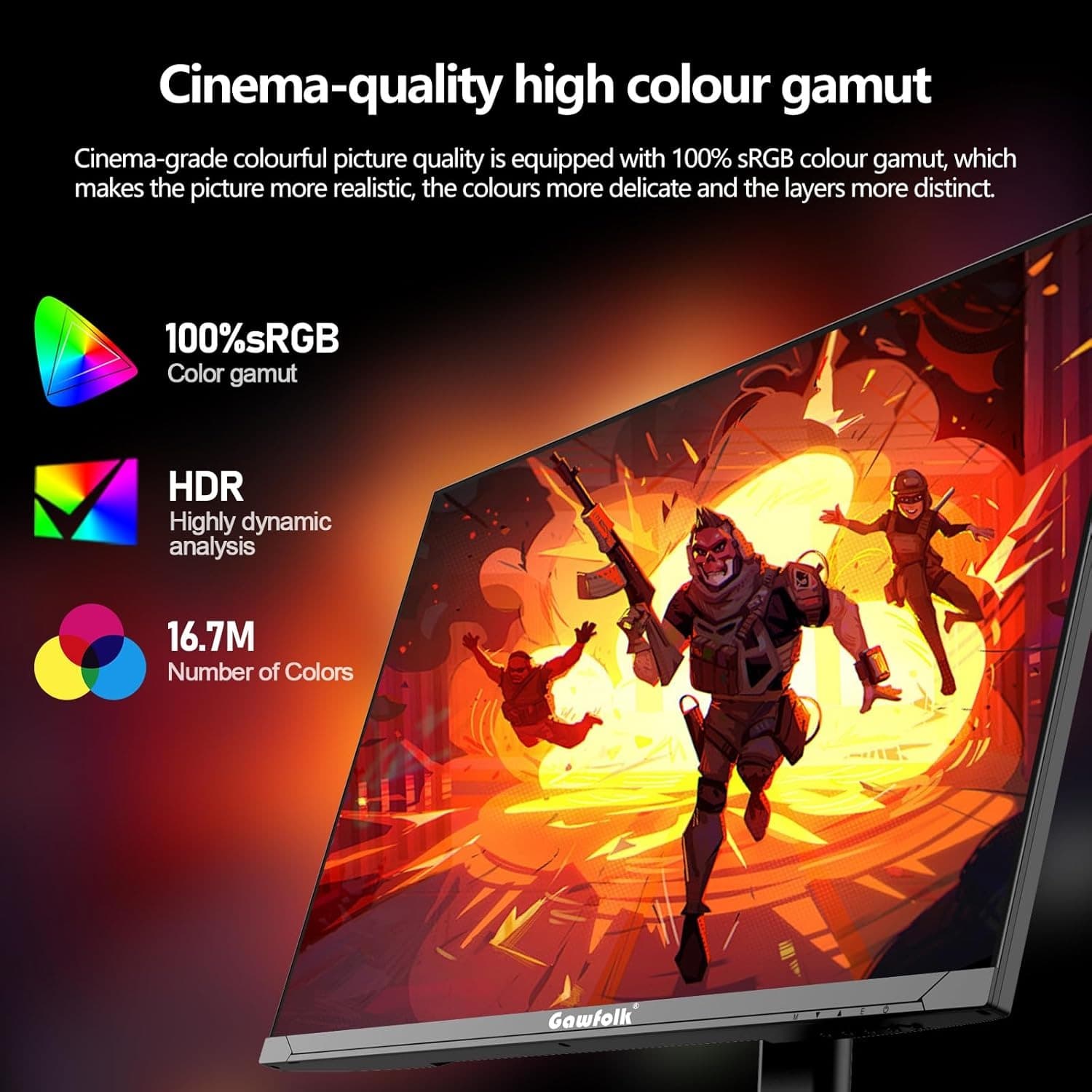 Gawfolk 27 Inch Gaming Monitor UHD 144Hz Computer Display Screen 4K 100% sRGB FreeSync 1ms(GTG) with RGB Backlighting Height/Tilt/Swivel Adjustable Stand - 4