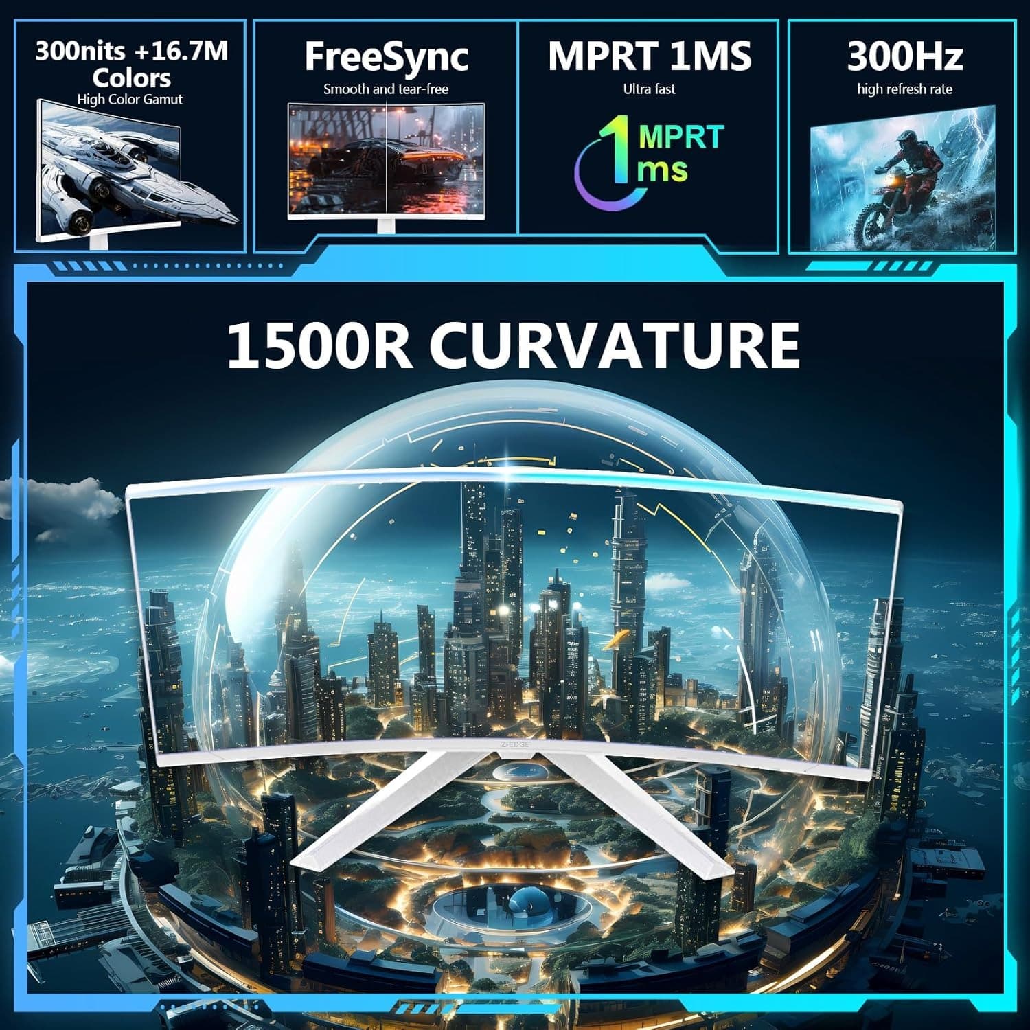 Z-Edge 27 inch Curved Gaming Monitor 300Hz, 1ms 16:9 FHD 1080P Frameless 1500R Curved Monitor, UG27S White, Freesync Eye Care, 2×Display Port, 2×HDMI - 9