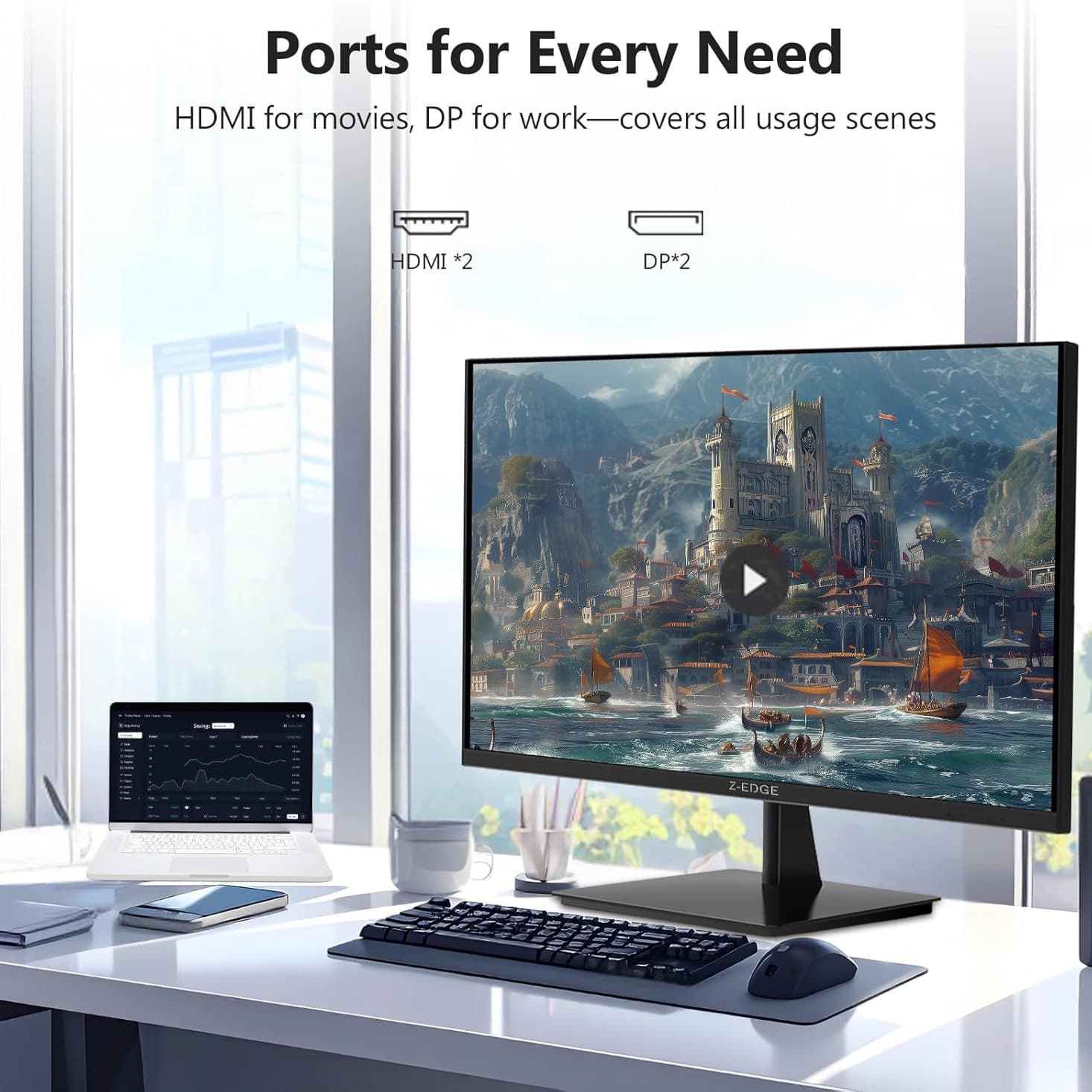 Z-Edge U27P4K 27-inch Gaming Monitor Ultra HD 4K, 75Hz Refresh Rate, 3840x2160 IPS LED Monitor, 300 cd/m², HDMIx2+DPx1, FreeSync Technology - 5