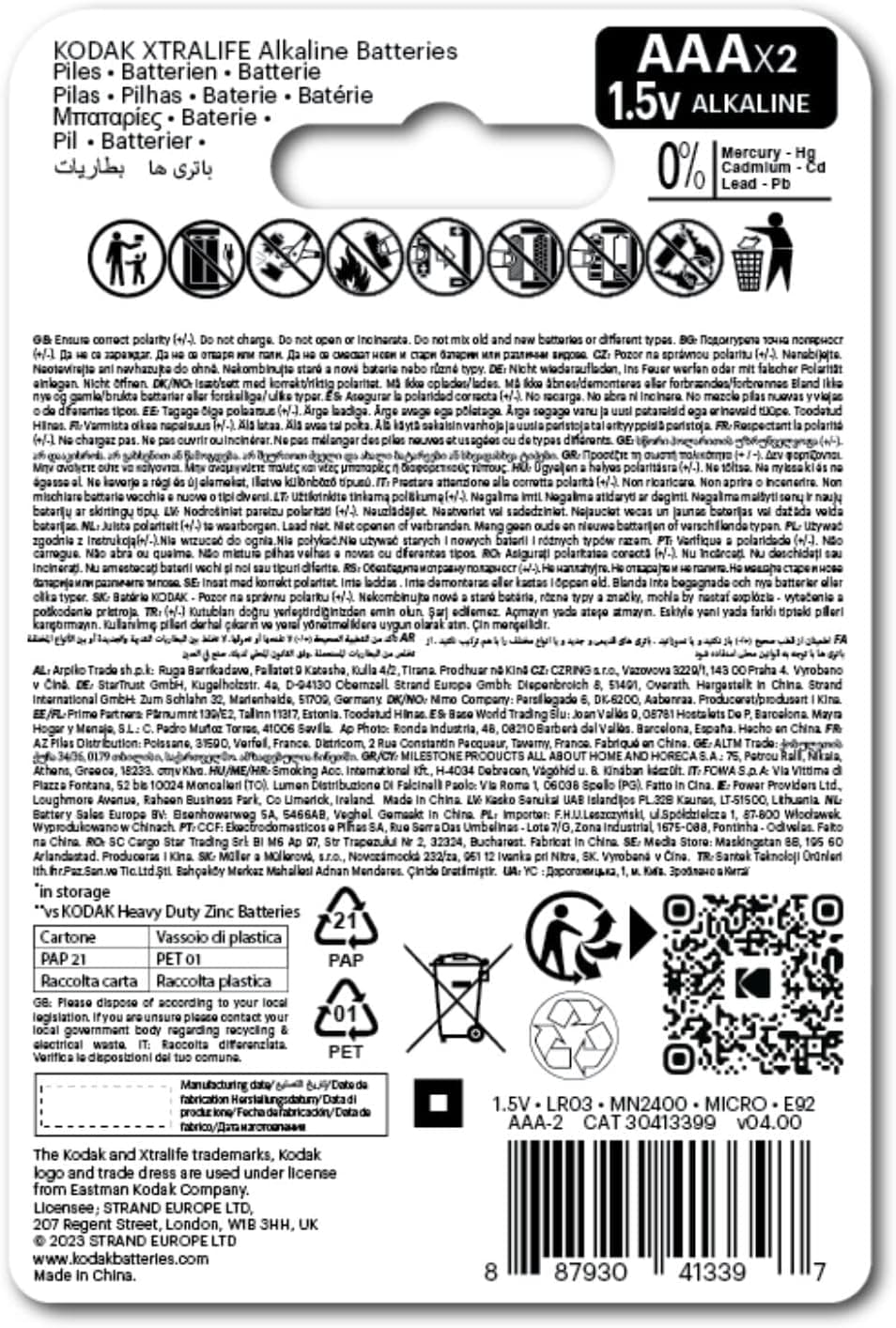 KODAK | AAA Batteries | Triple A | Disposable Household | Alkaline 1.5V | 2 Pack - 2