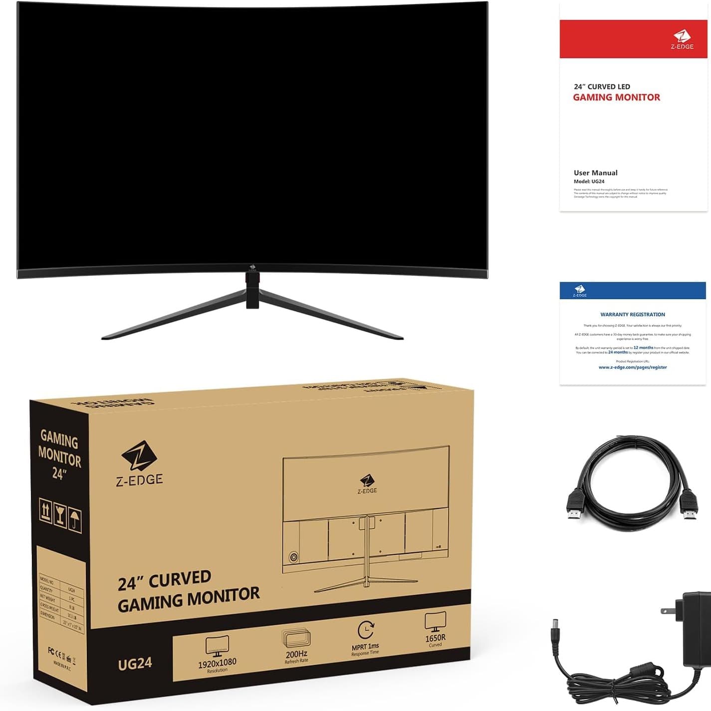 Z-EDGE 24-inch Curved Gaming Monitor - 16:9 Full HD 1920x1080, 165Hz Refresh Rate, 1ms Response Time, Frameless LED Display, AMD FreeSync Premium - DisplayPort & HDMI Ports UG24 - 3