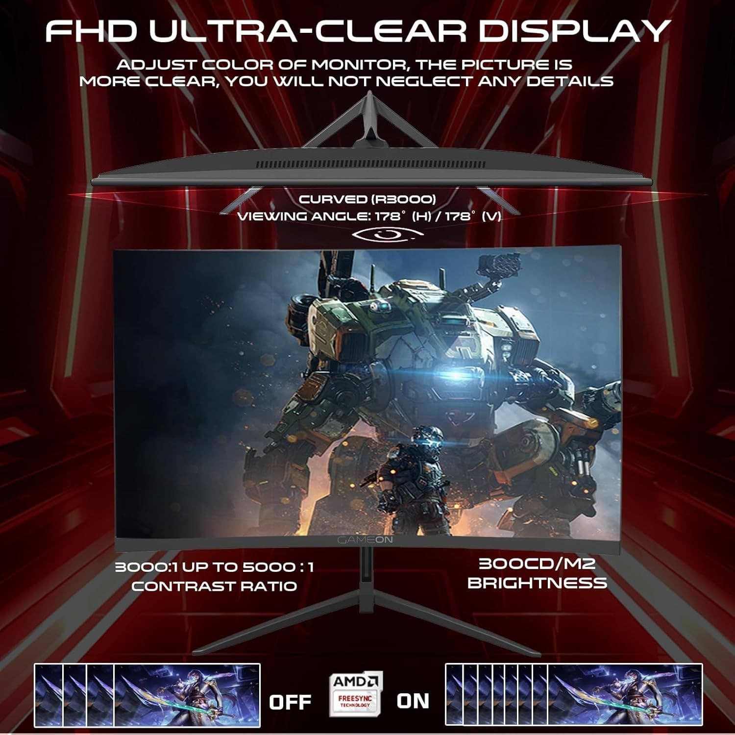 GAMEON GOC27F180VA Pro Series Curved Gaming Monitor 27 inch, 1920x1080p FHD Fast VA Panel, 180Hz, 0.5ms, HDMI 2.1, G-Sync & Freesync, Crosshair assistant, Built-in Speakers, Supports HDR, PS5, VRR - 8