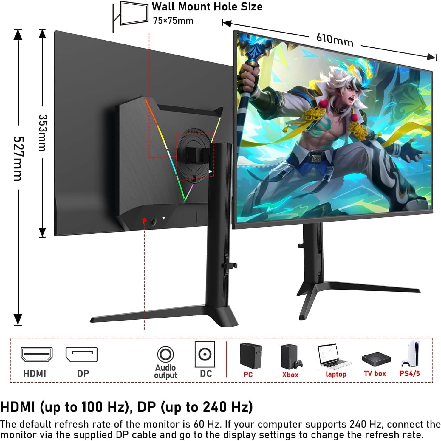 Gawfolk 27 Inch QD-OLED Gaming Monitor QHD 240Hz 0.03ms(GTG) 99% DCI-P3 FreeSync HDR400 1.5M:1Contrast Ratio VESA RGB atmosphere light With Tilt/Height/Swivel Adjustable Stand (Black) - 3